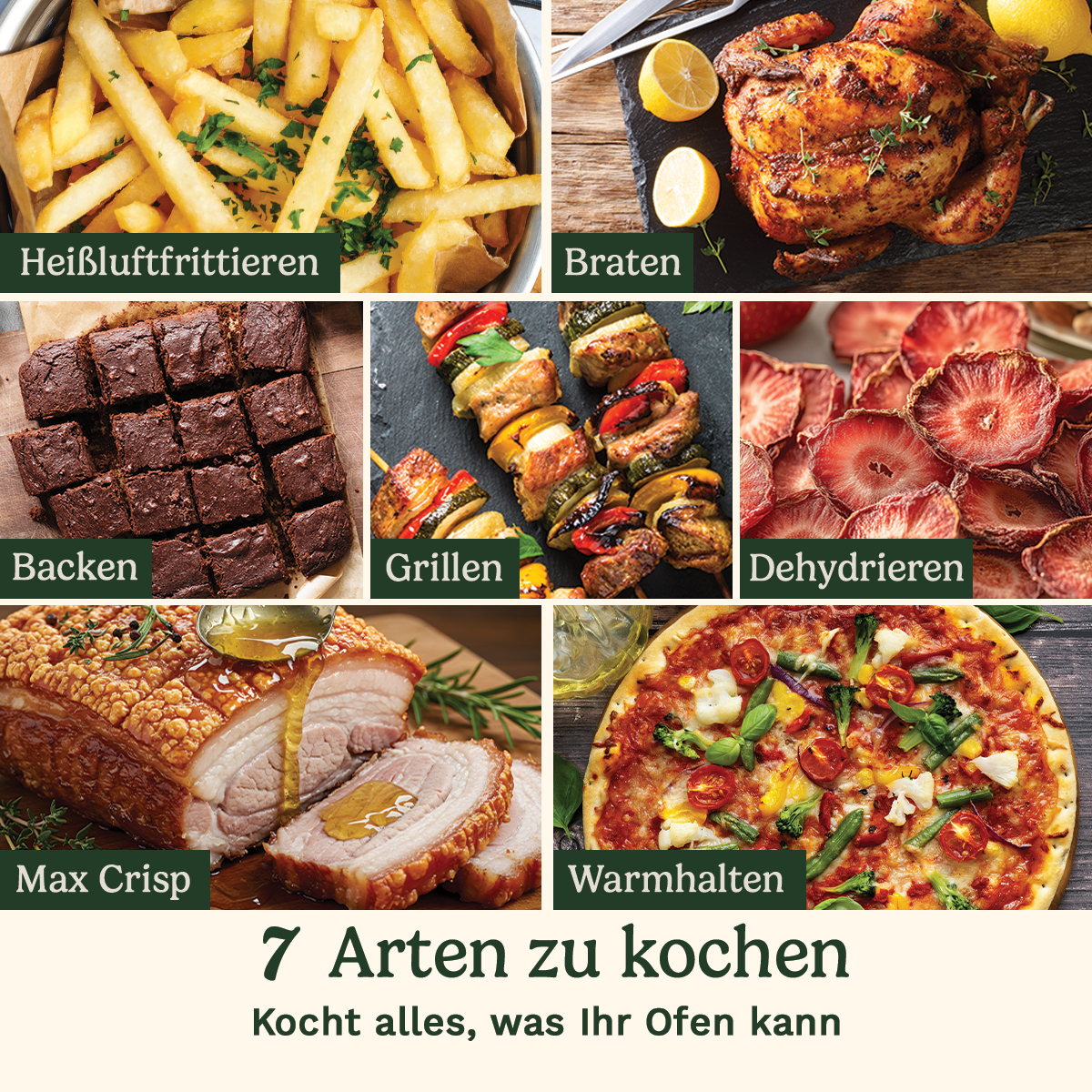 Collage di 7 metodi di cottura: patatine fritte, arrosto, brownies, spiedini, fragole, pancetta, pizza.