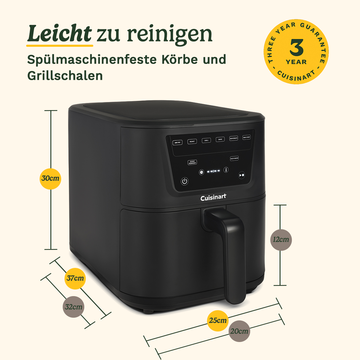Friggitrice ad aria Cuisinart nera con dimensioni e garanzia.