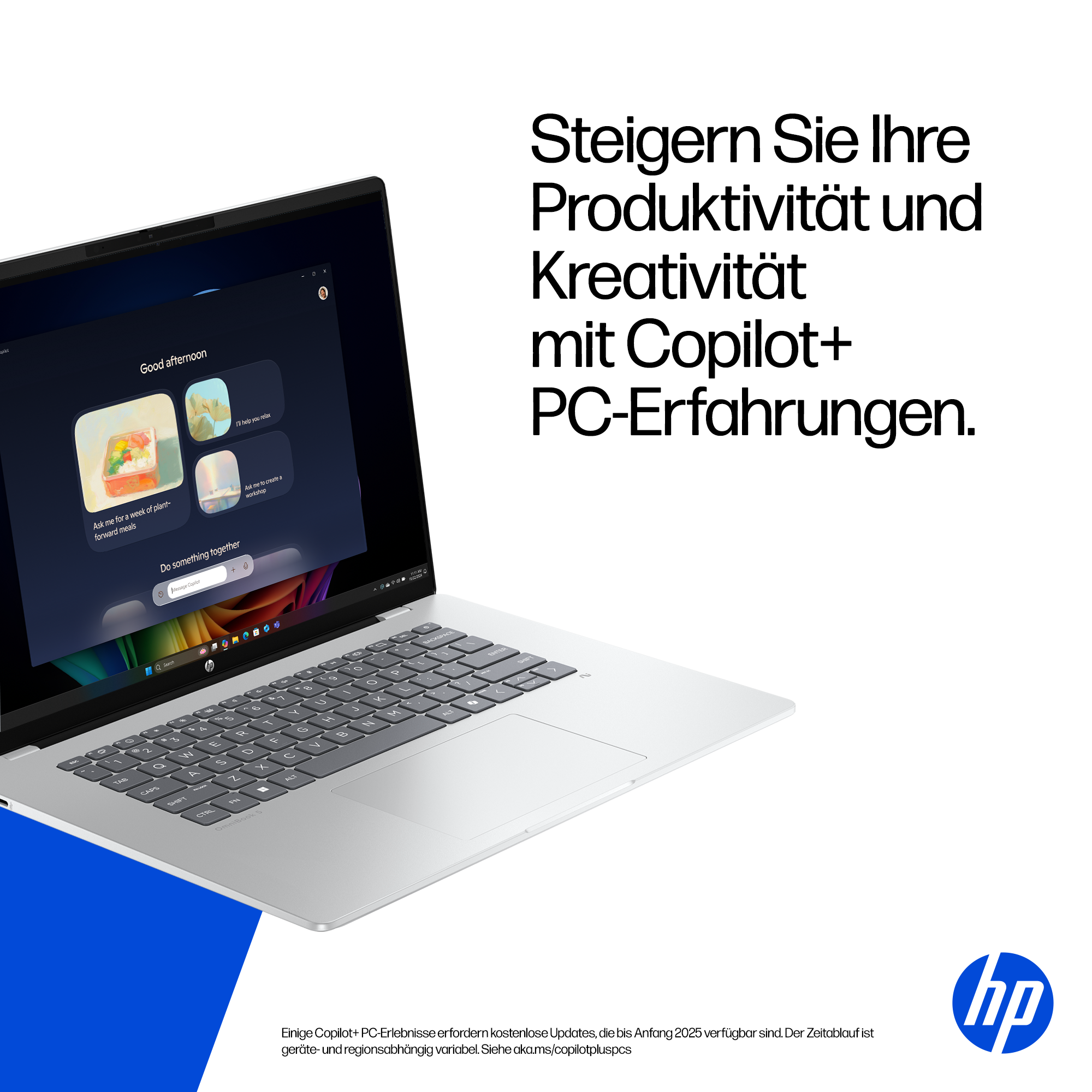 Ein silberner HP Laptop mit Copilot+ Werbung, der das Betriebssystem zeigt.