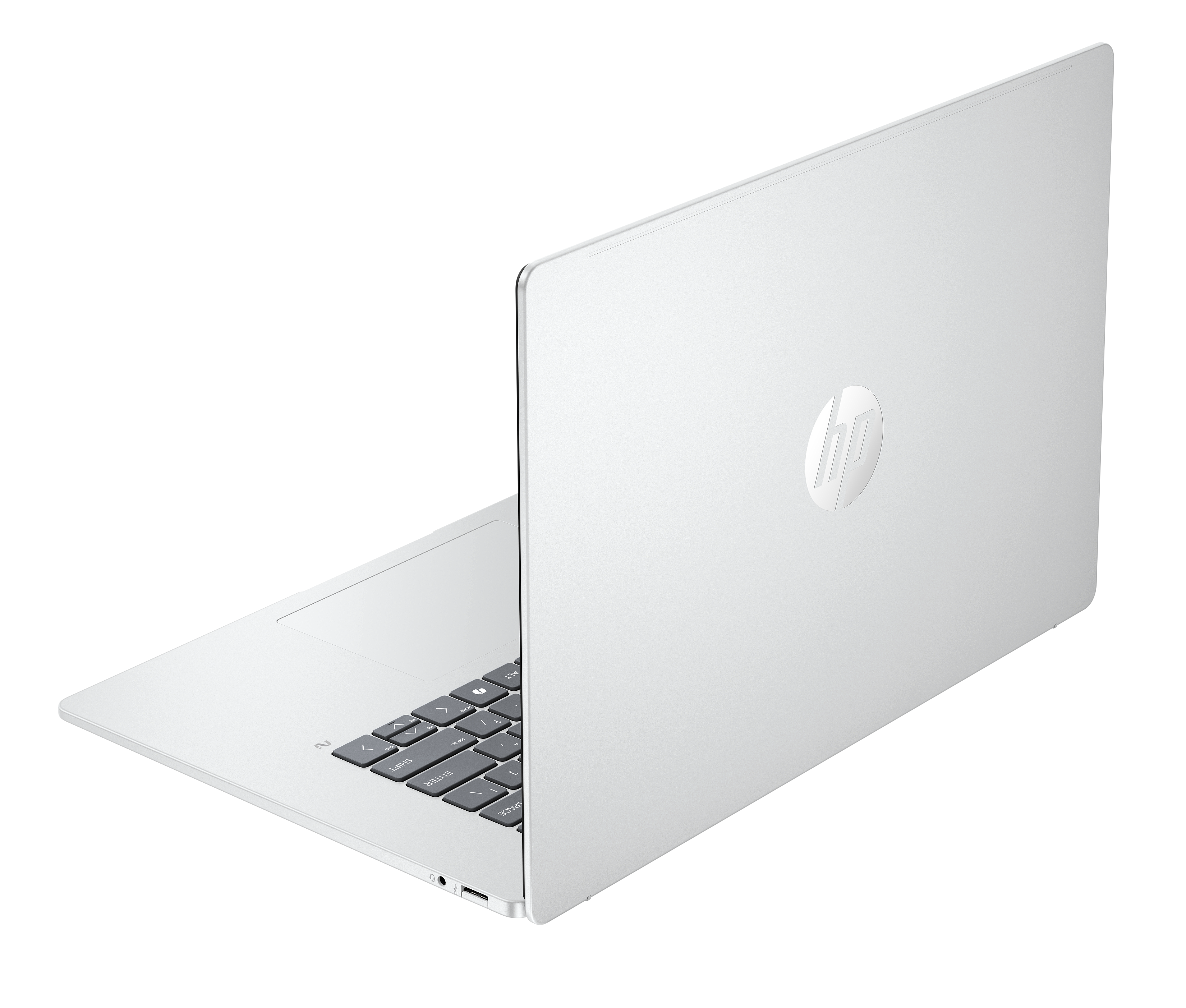 Ein silberner HP Laptop, teilweise geöffnet, mit fokussierter Tastatur und Logo.