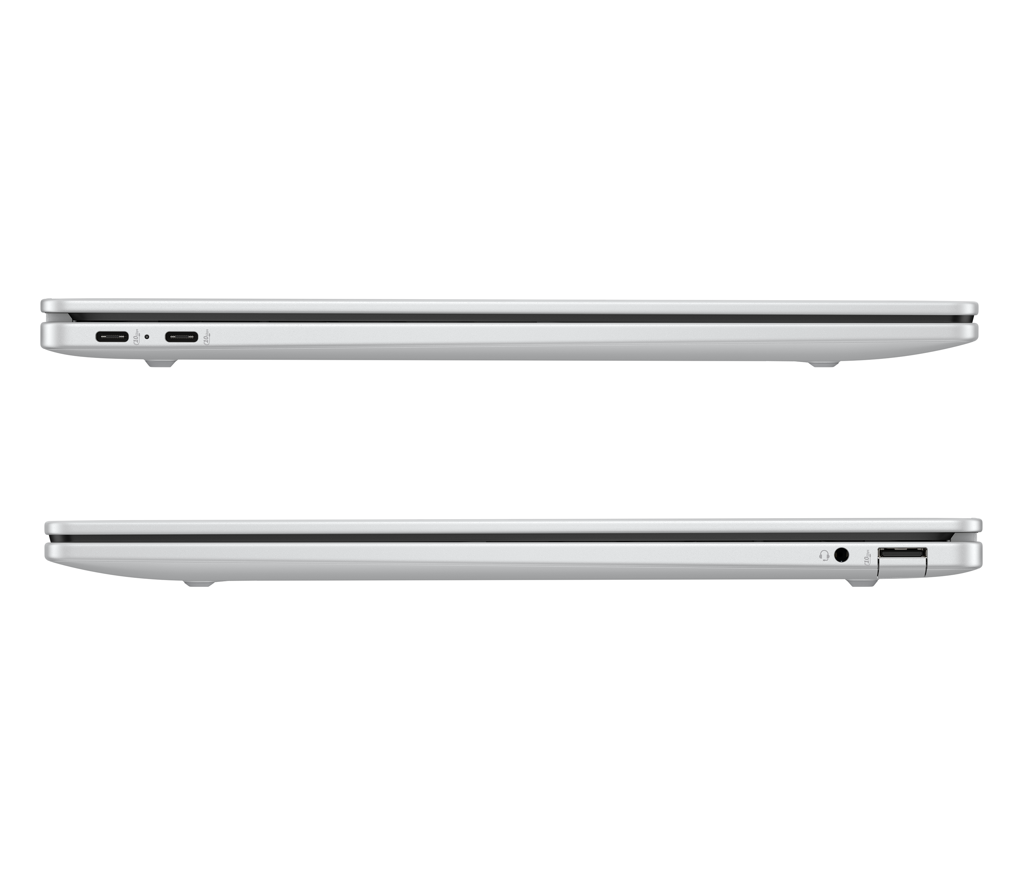 Zwei weiße Laptops nebeneinander, von der Seite gezeigt. Links: zwei USB-C-Anschlüsse.