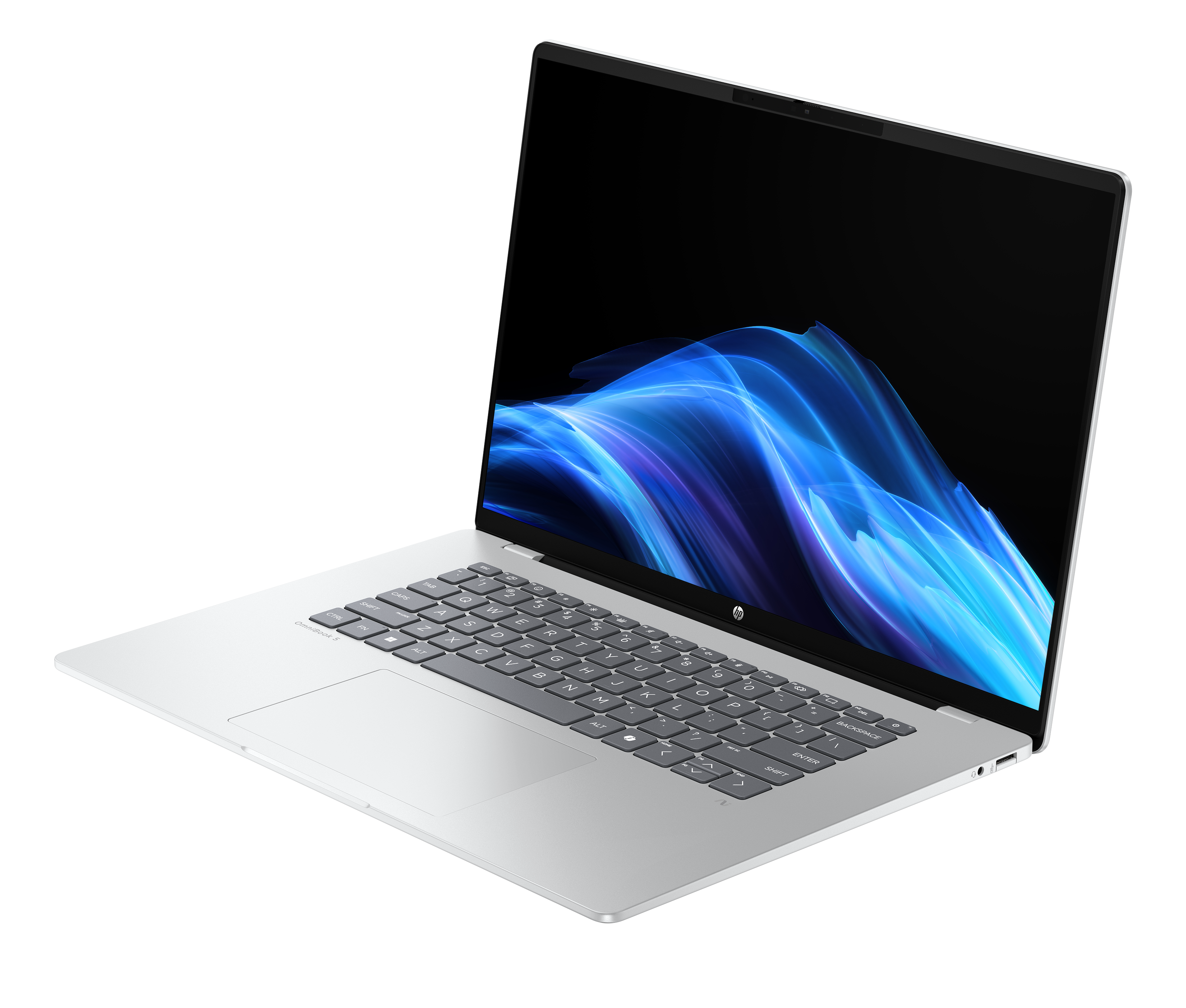Ein silberner Laptop mit blauem Bildschirmhintergrund und Tastatur.