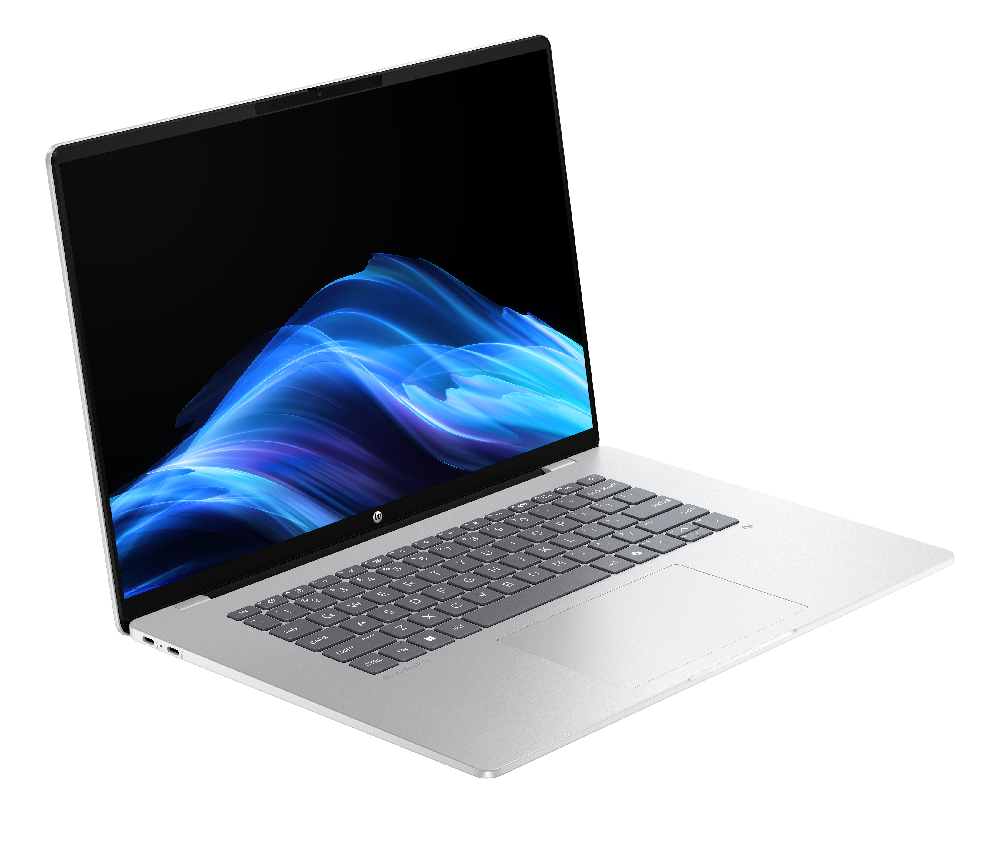 Ein silberner Laptop mit blauem Wellenmuster auf dem Bildschirm, auf schwarzem Hintergrund.