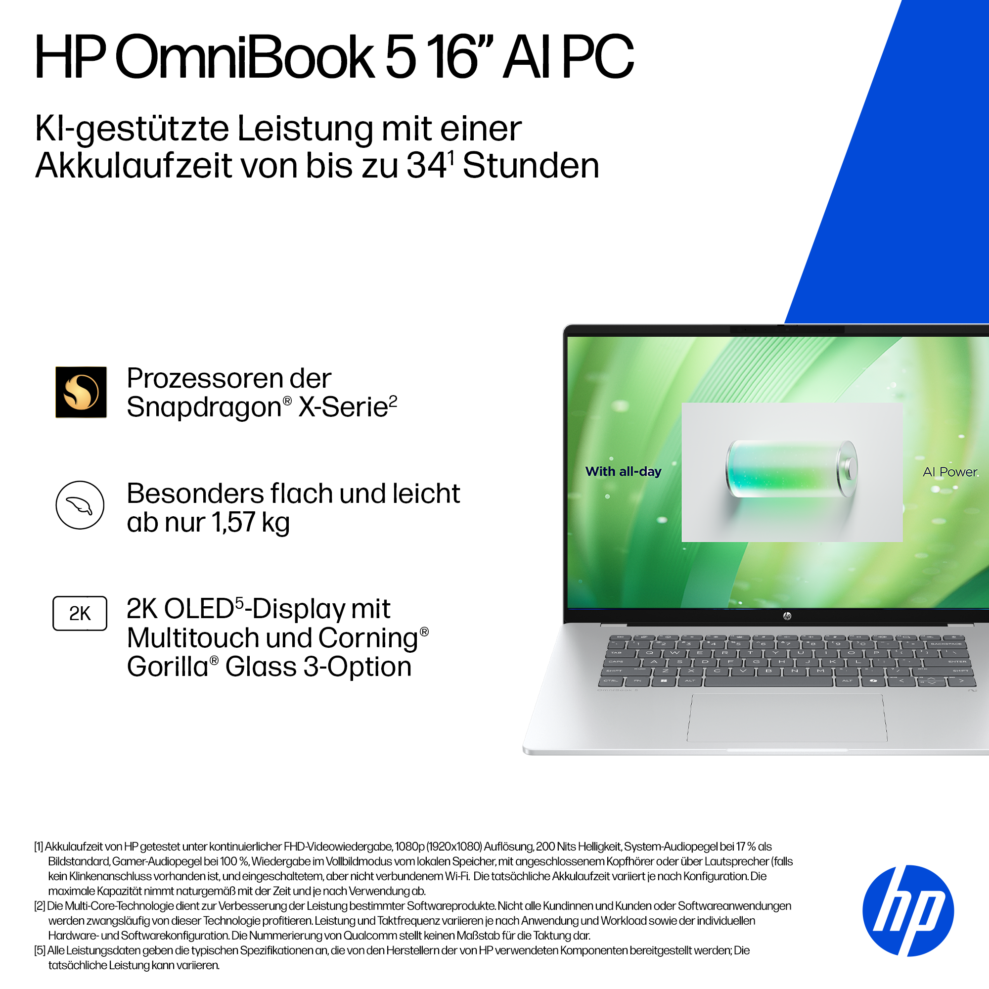 HP OmniBook 5 16" AI PC mit Snapdragon, leicht, 2K OLED Display.