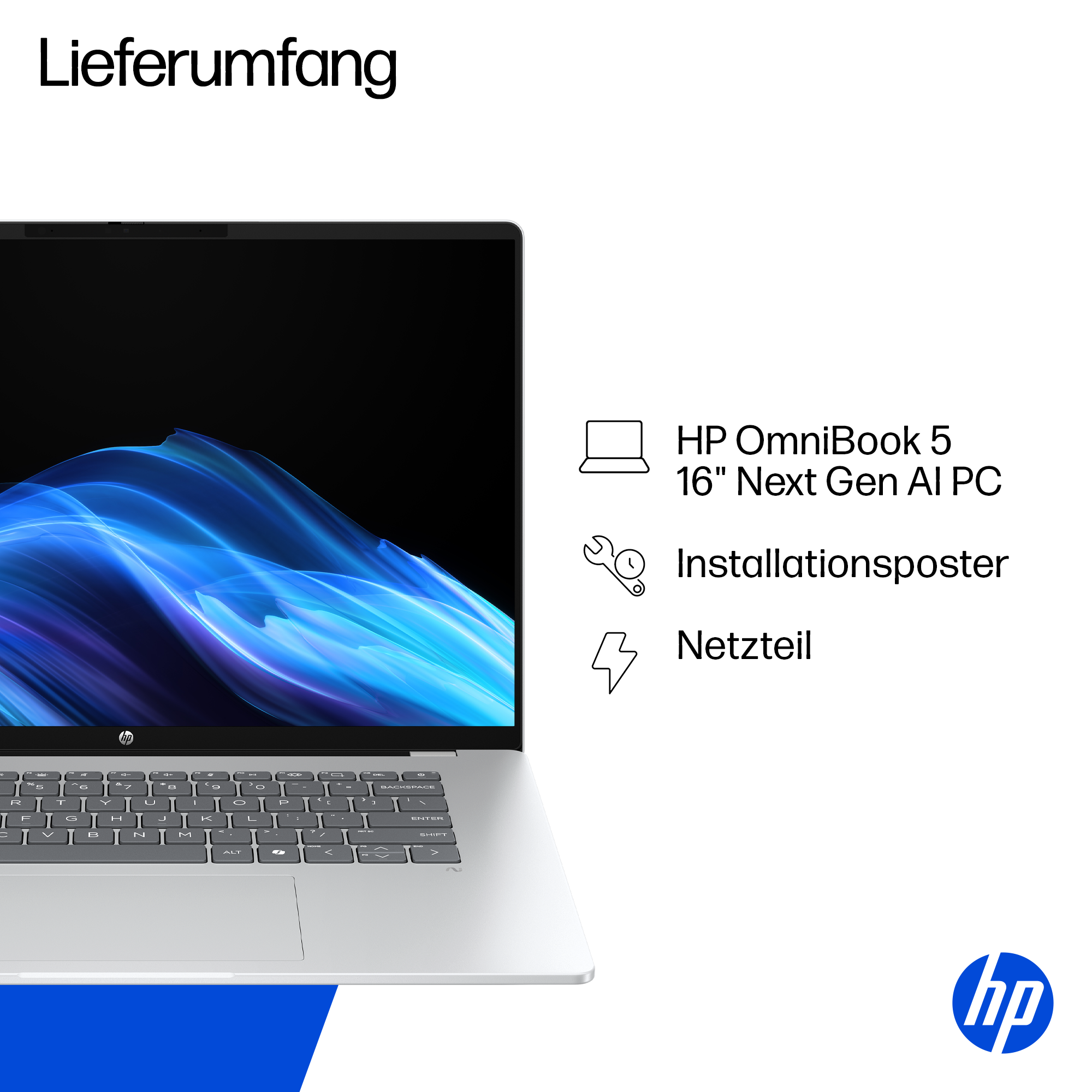 HP OmniBook 5 mit Installationsposter und Netzteil