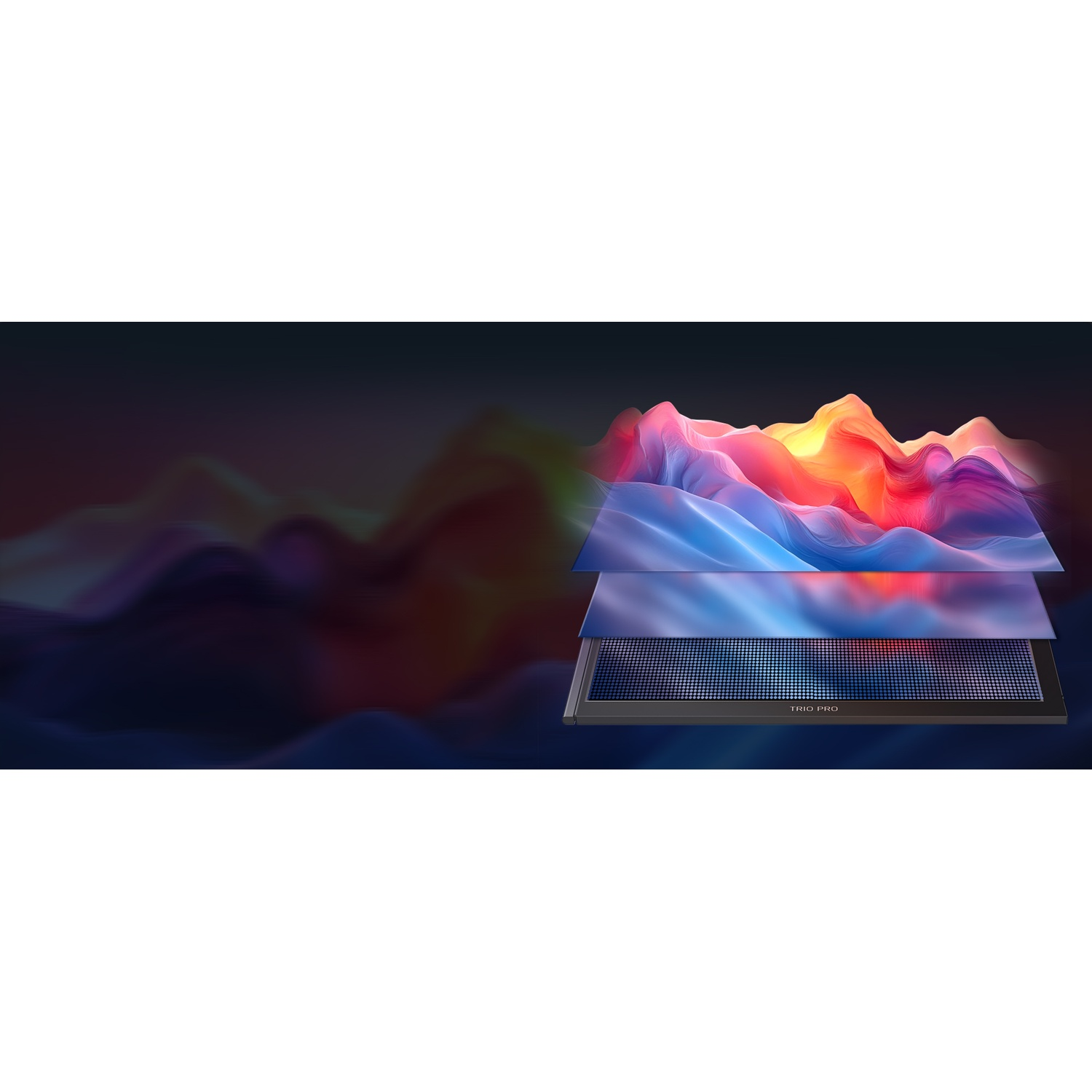 Vagues abstraites colorées sur un écran sombre avec des pixels.