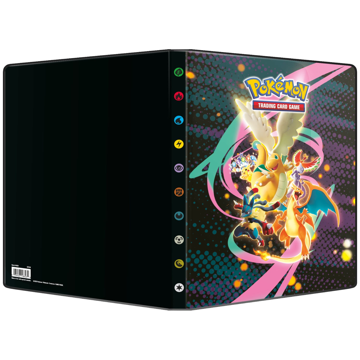 Pokemon Trading Card Game binder with illustrations of Pokemon characters.