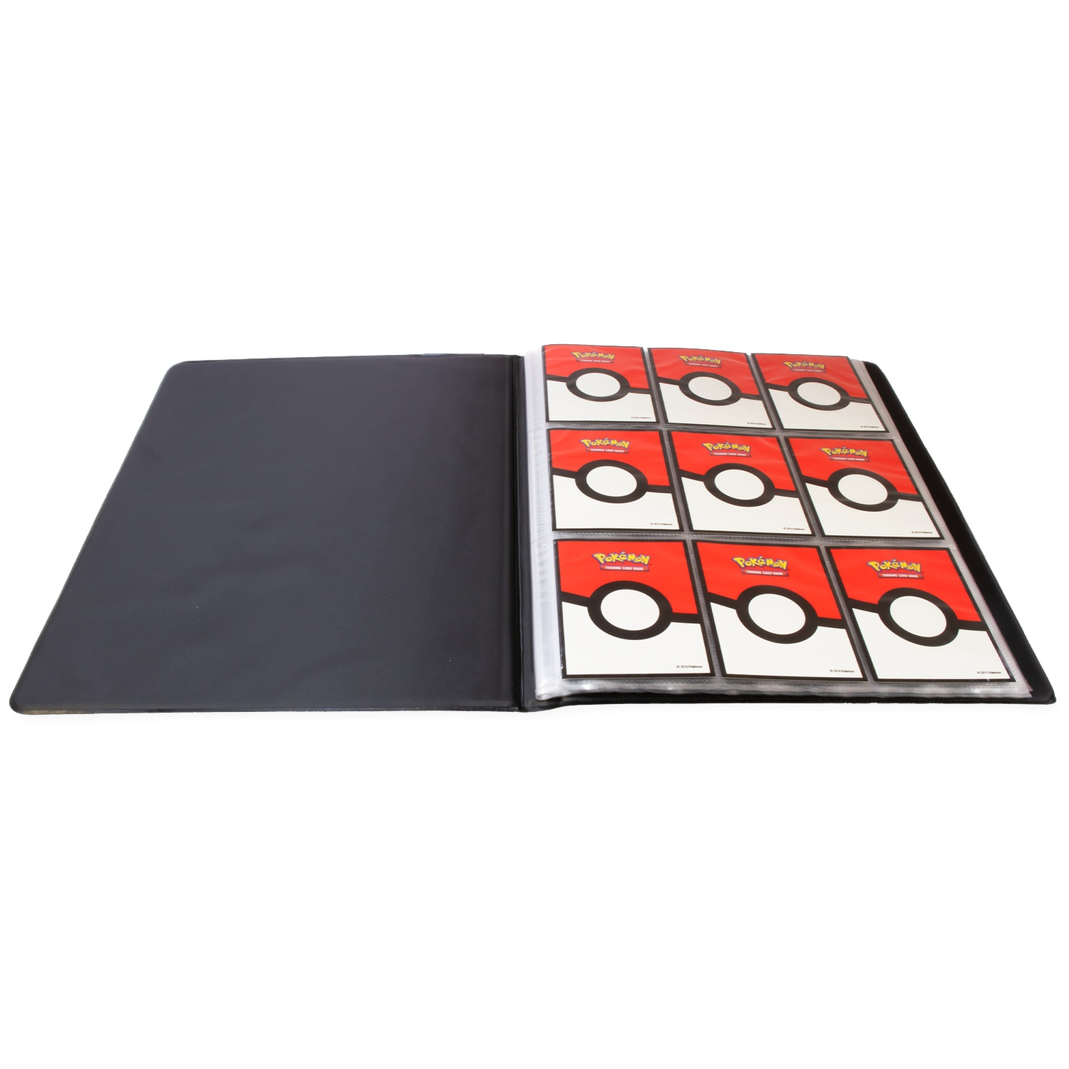 Black binder with Pokémon trading cards showing their backs.