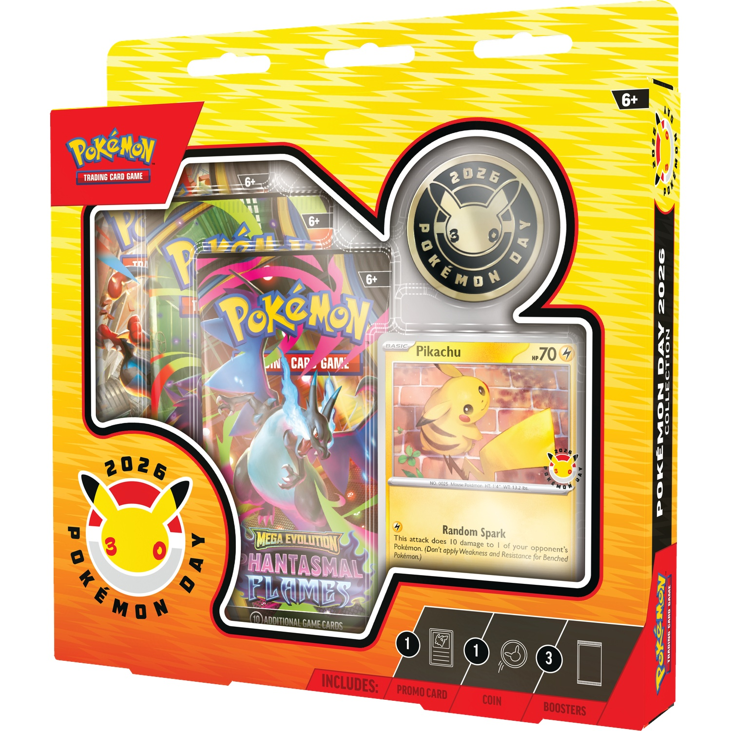 Pokémon Trading Card Game box met Pikachu kaart, munt en boosters.