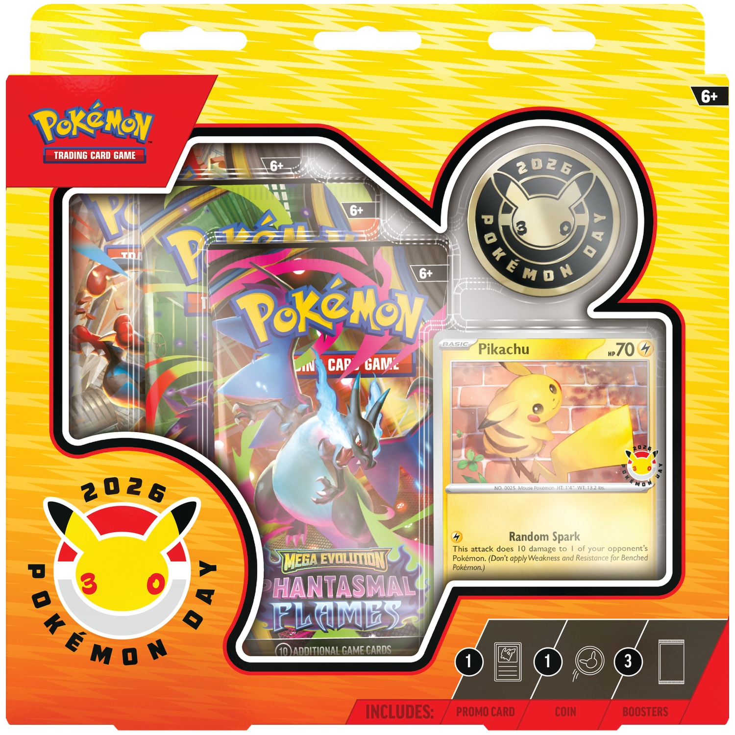 Pokemon TCG 2026 Pokemon Dag doos met Pikachu kaart, munt en boosterpakketten.