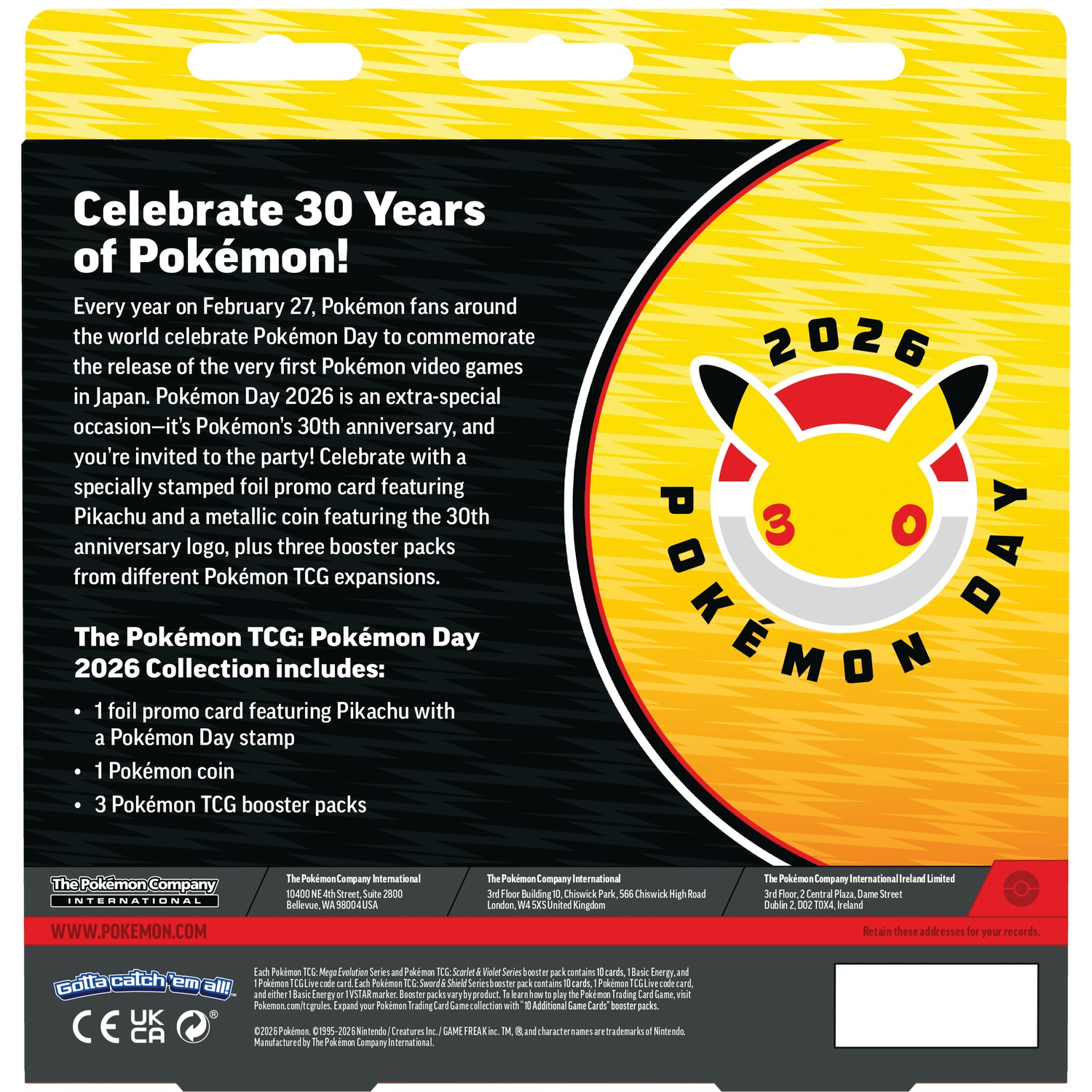 Pokémon Day 2026 Collectie: Pikachu logo, 2026, tekst. Bevat 1 kaart, 1 munt, 3 boosterpacks.