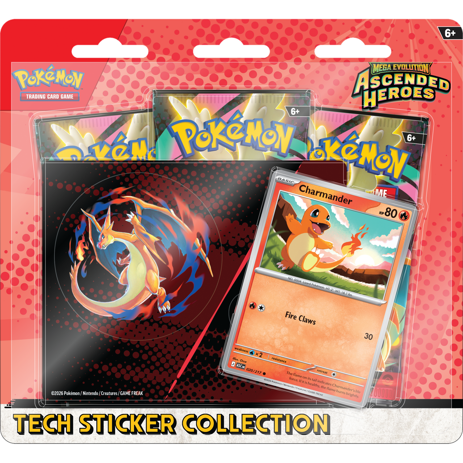 Collection de stickers Pokémon avec carte Salamèche et paquets de boosters.