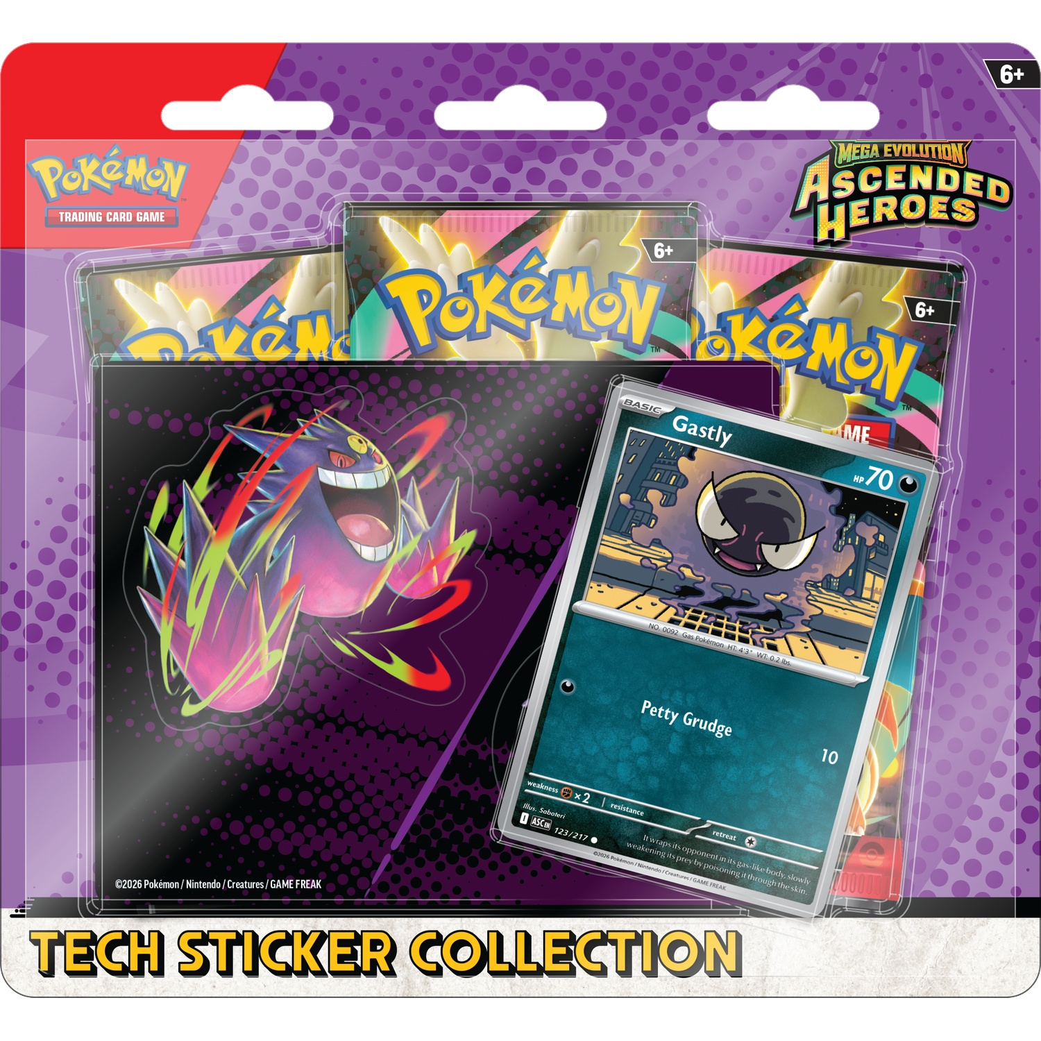 Collection de stickers Pokémon Tech avec carte et sticker Gastly.