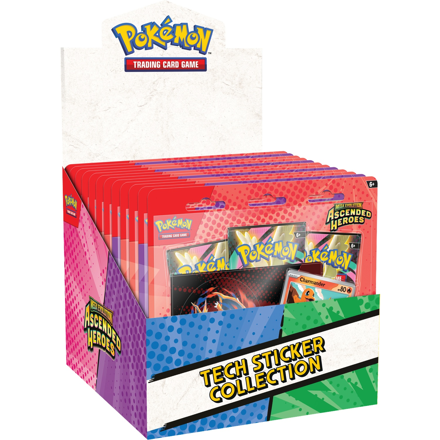 Une boîte d'exposition de cartes à collectionner Pokémon avec des boosters et des collections d'autocollants.