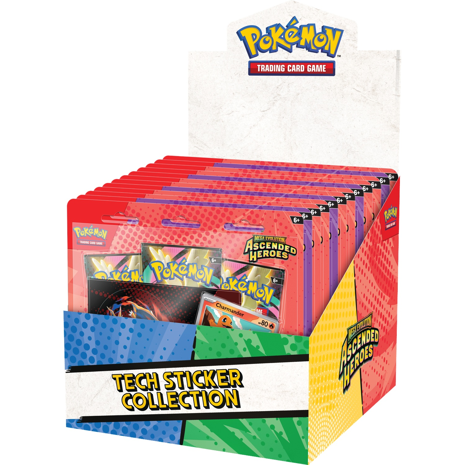 Boîte d'exposition Pokemon JCC avec extension "Ascended Heroes" et "Tech Sticker Collection".