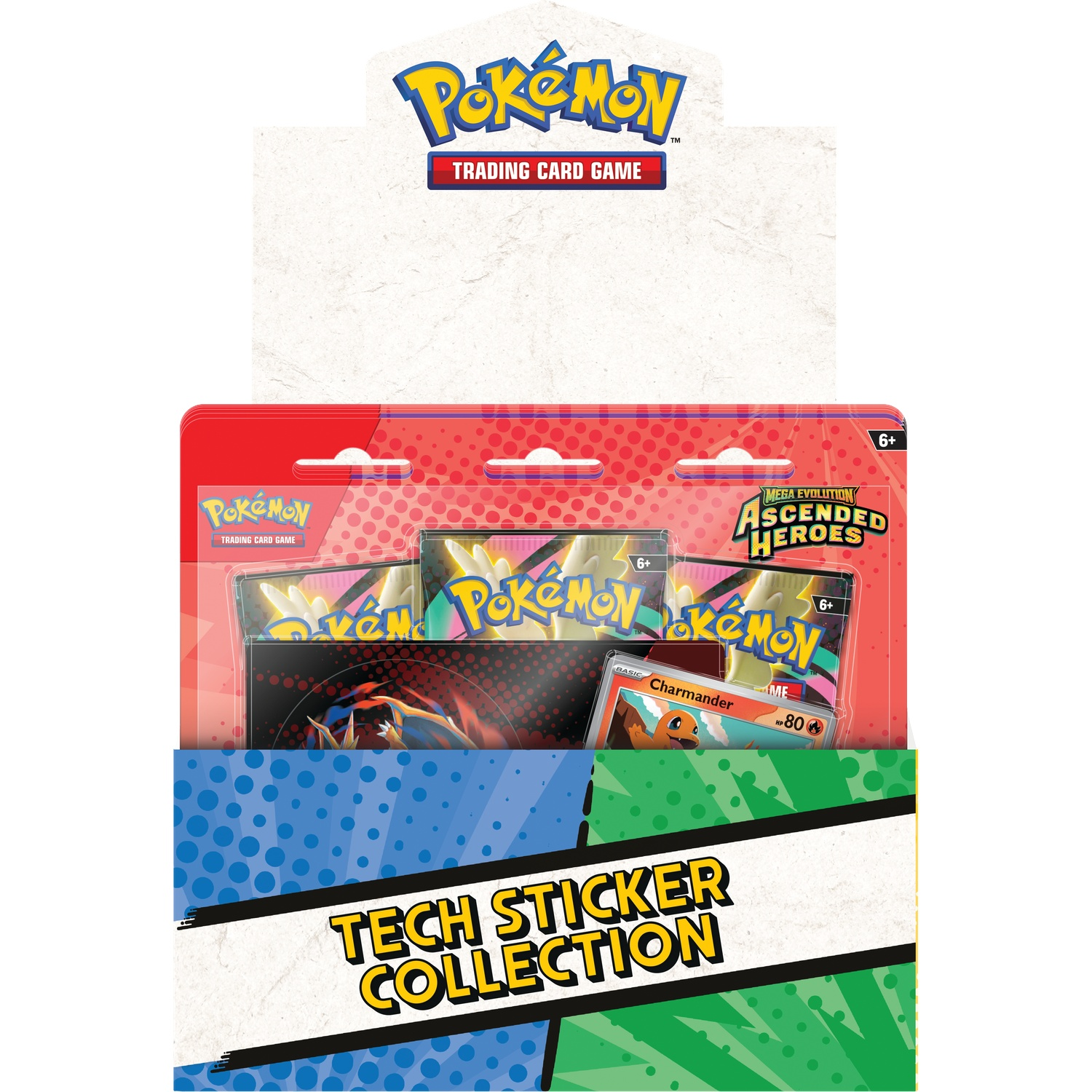 Boîte de cartes Pokémon avec carte Charmander et Collection d'autocollants.