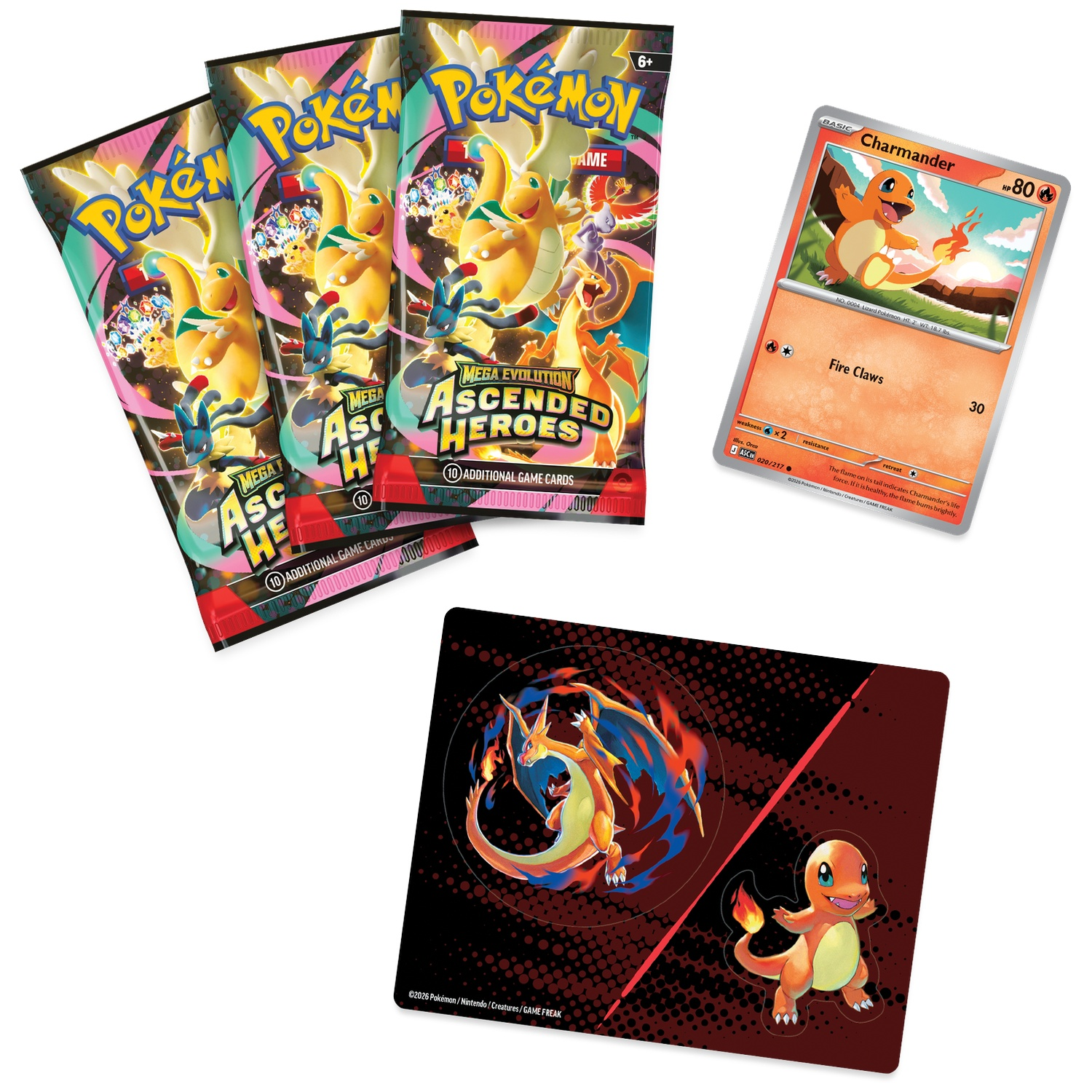 Trois paquets de cartes Pokémon, une carte Charmander et un tapis.