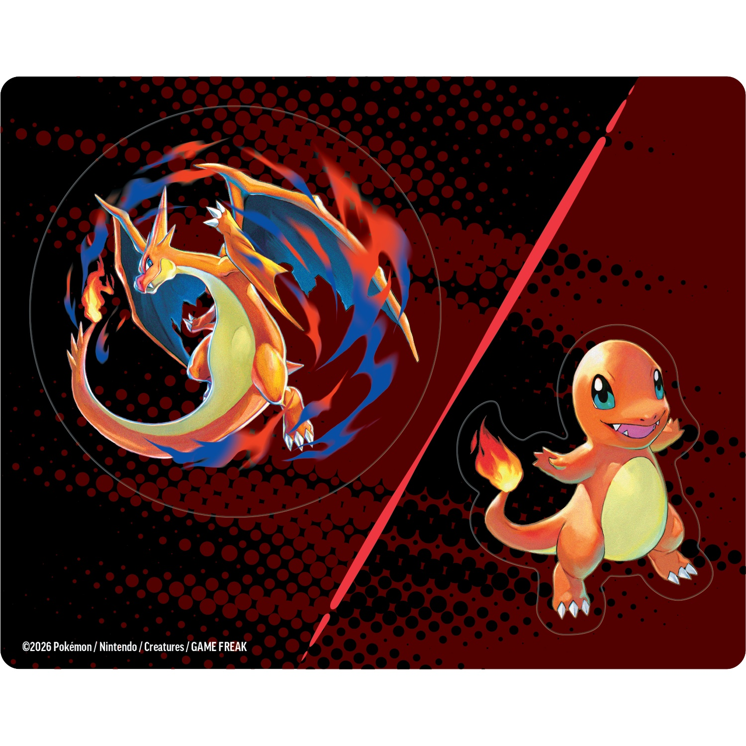 Un personnage Pokémon orange entouré de flammes, avec un personnage orange plus petit à côté.