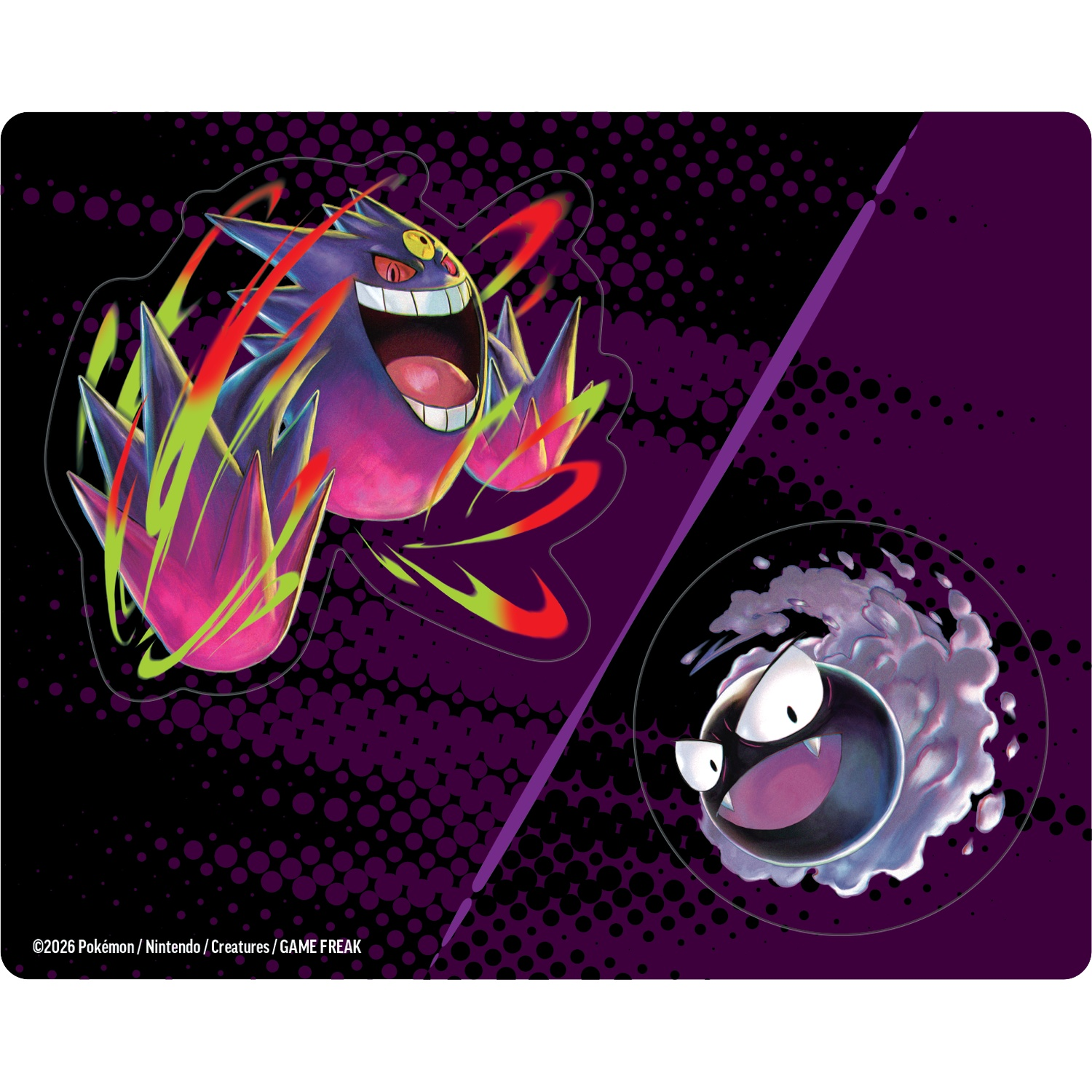 Gengar et Gastly de Pokémon sur fond violet à pois.