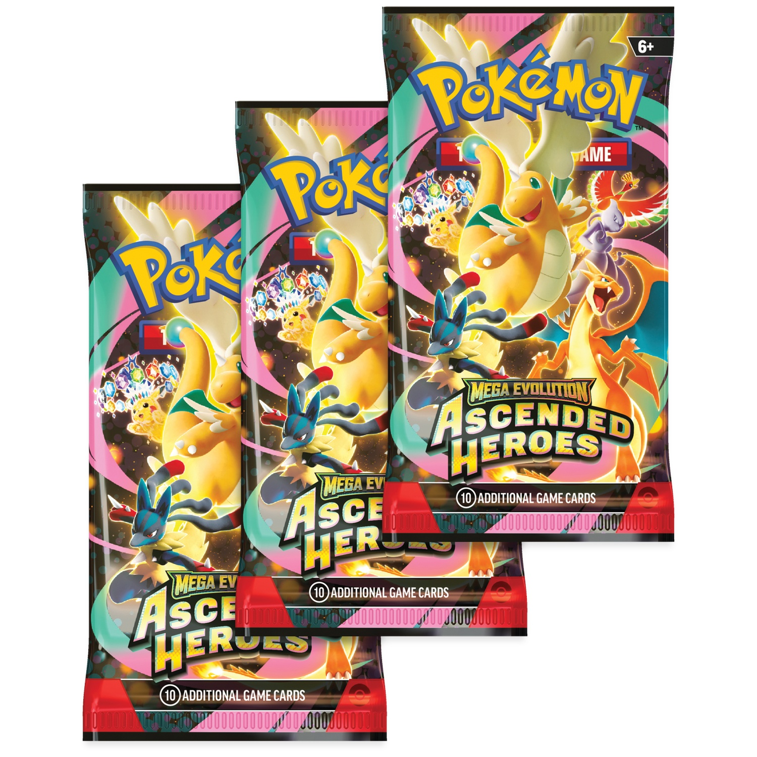 Trois paquets de cartes à collectionner Pokémon avec des dragons et d'autres créatures.