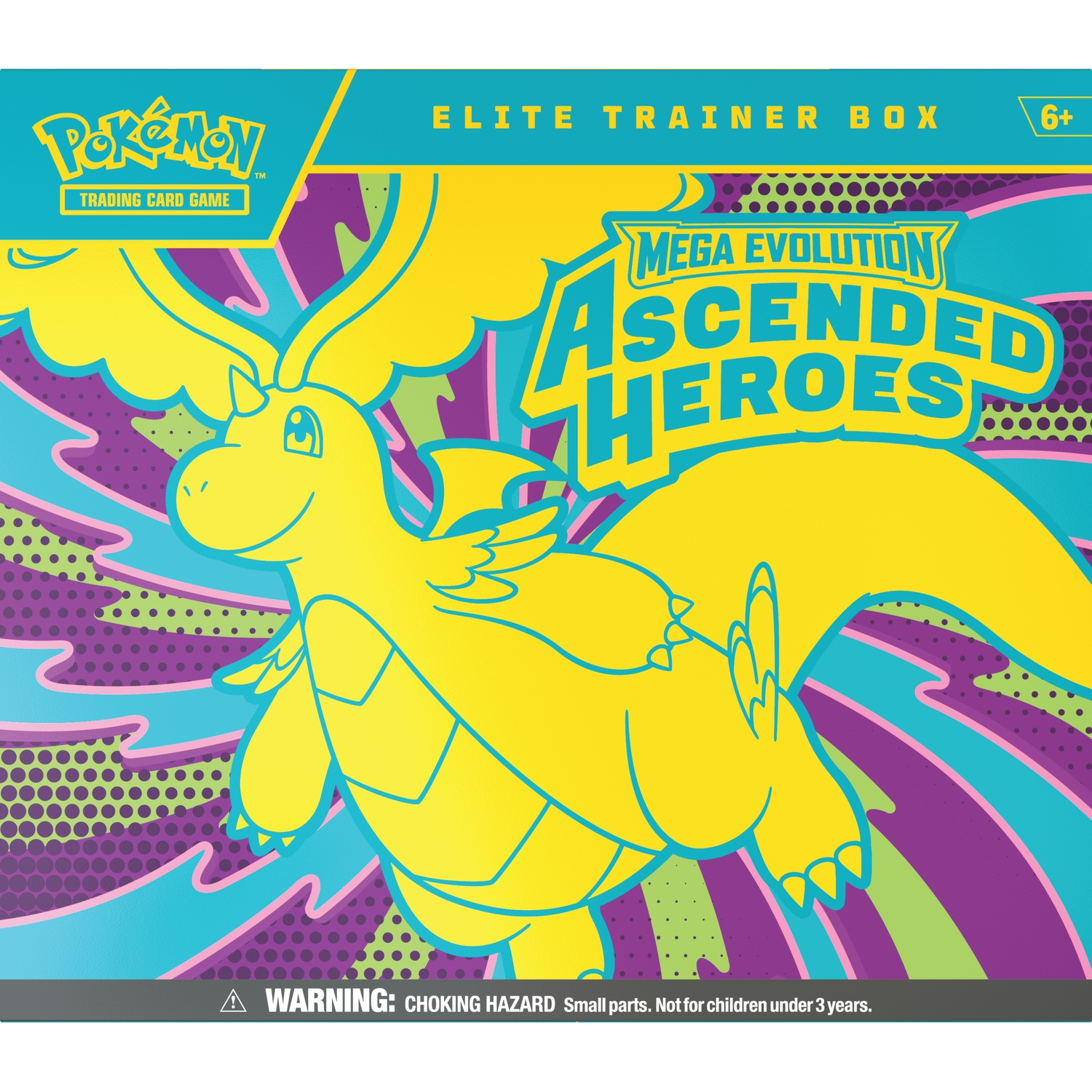 Boîte Dresseur d'Élite Pokémon jaune sur le thème Mega Evolution Ascended Heroes.