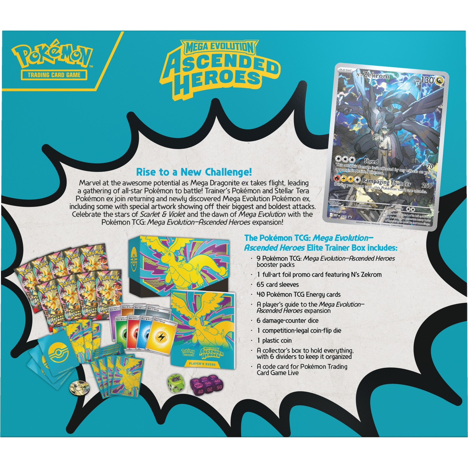 Boîte de Dresseur d'Élite Pokémon TCG : Méga Évolution avec carte N's Zekrom et accessoires.