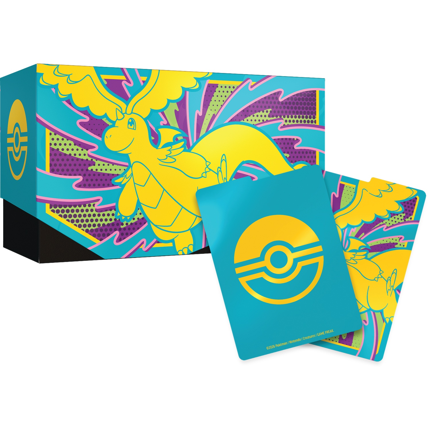 Dragon jaune sur boîte turquoise avec accents graphiques violets.