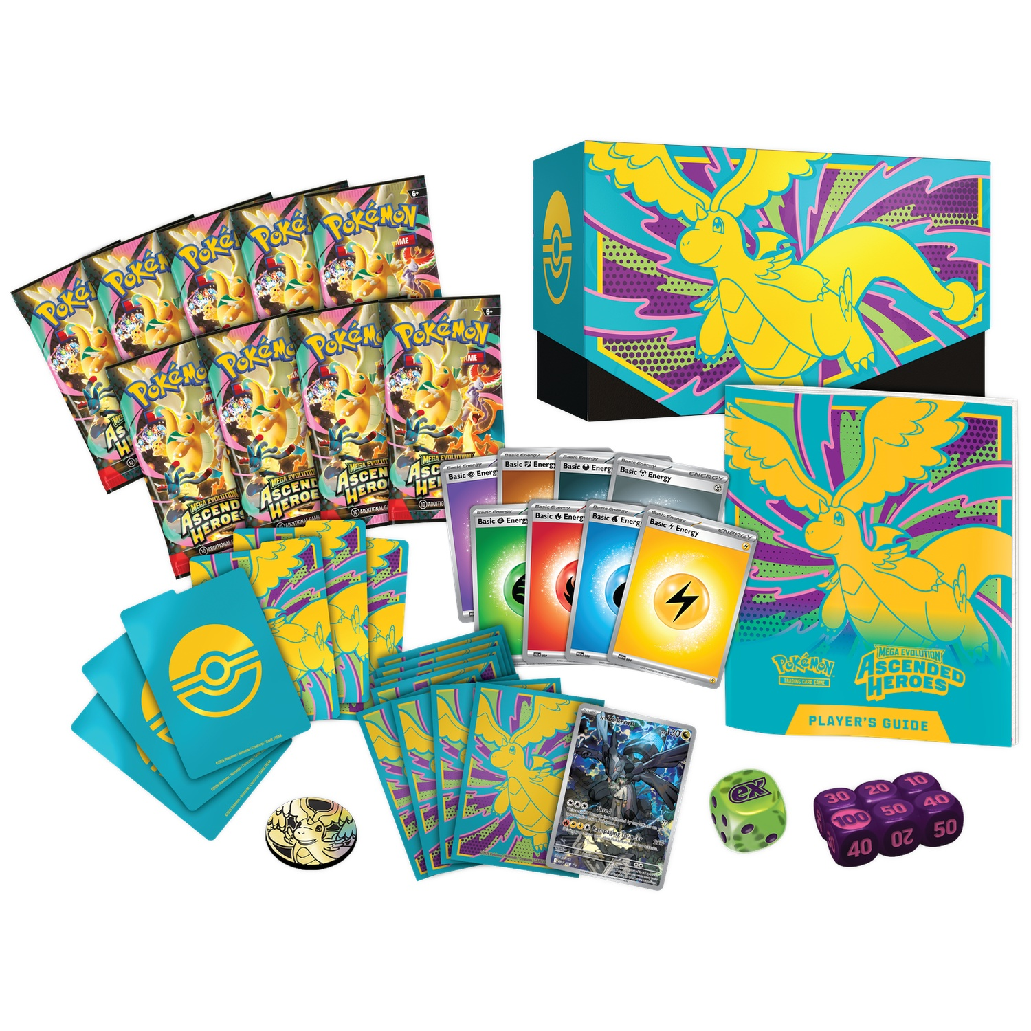 Accessoires JCC Pokémon sur le thème du dragon : boosters, cartes énergie, dés.