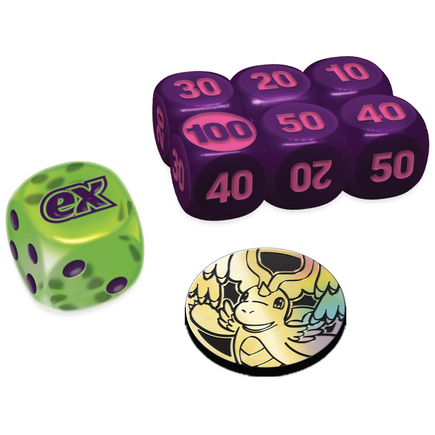 Un dé vert avec 'ex', points violets et une pièce avec un motif de dragon.