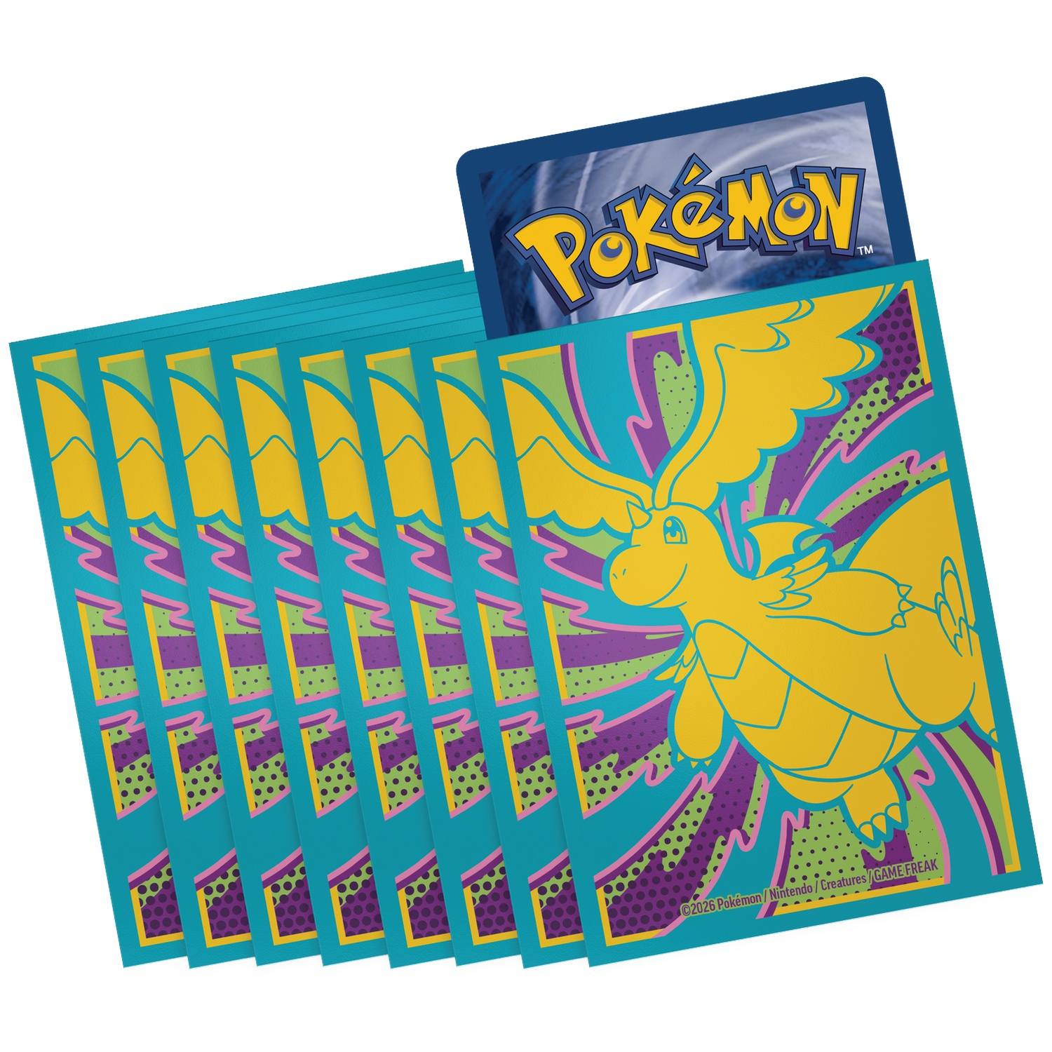 Un protège-carte Pokémon avec un Dragonite jaune sur fond bleu.