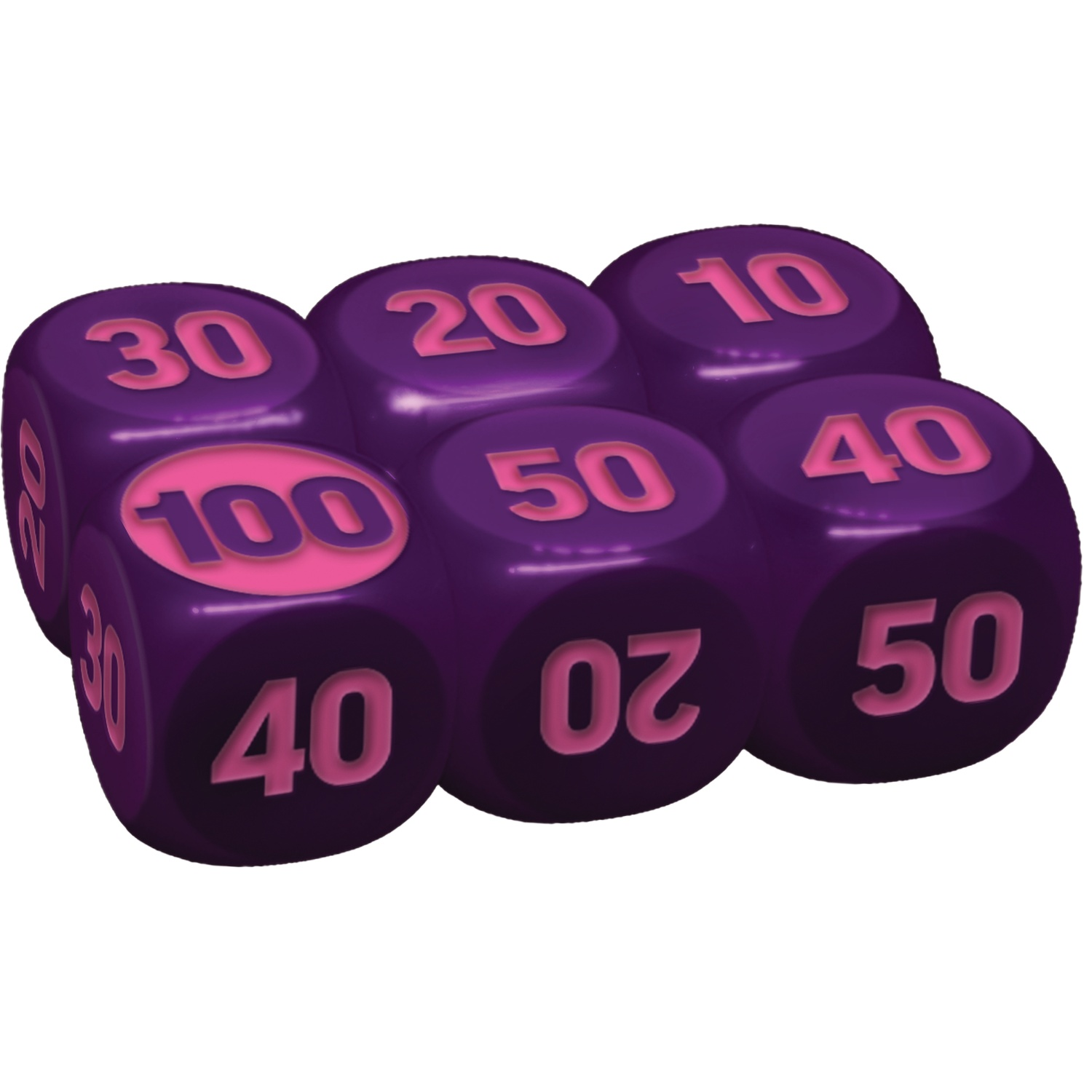Six dés violets avec des chiffres roses : 10, 20, 30, 40, 50, 100.