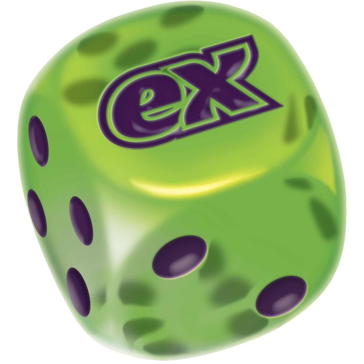 Un dé vert transparent avec des points violets et le logo "ex".