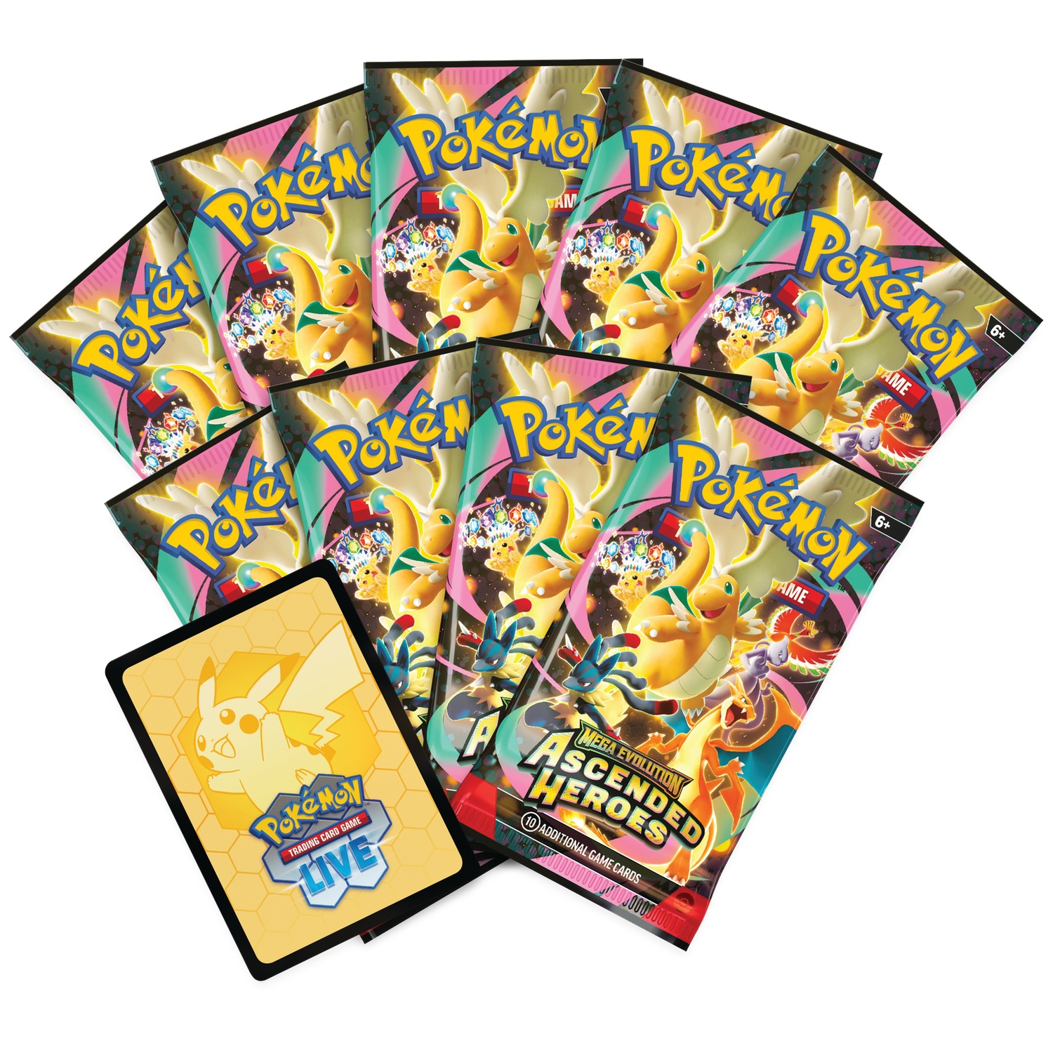 Plusieurs paquets de cartes à collectionner Pokémon et une carte Pikachu sur fond blanc.