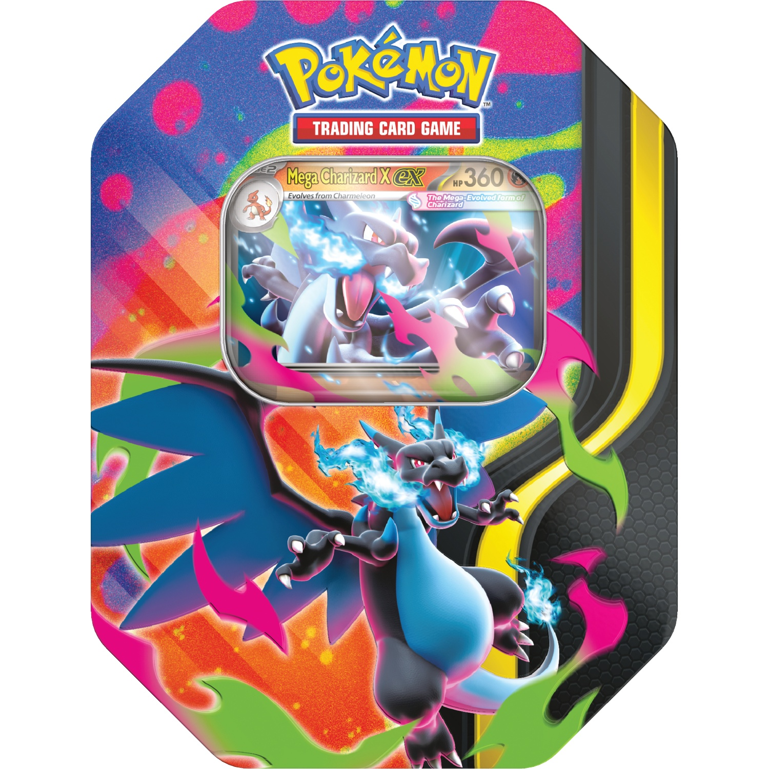 Carte Pokémon représentant Mega Charizard EX en noir et bleu, avec des flammes et un fond coloré.