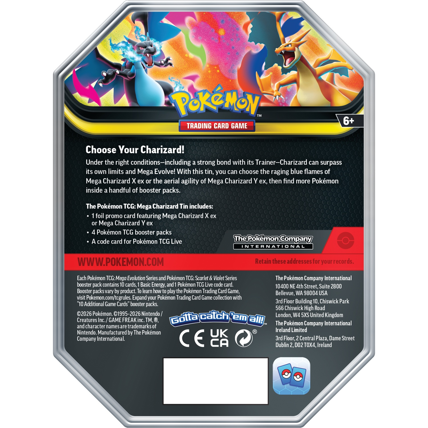 Boîte Pokémon JCC Mega Charizard avec deux dragons, logo du jeu et mention 6+.