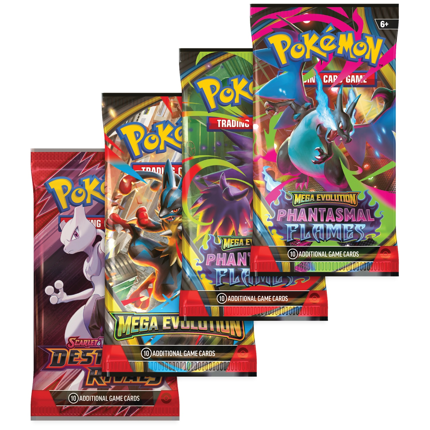 Quatre paquets de cartes Pokémon : Mewtwo, Lucario, Gengar, Dracaufeu.