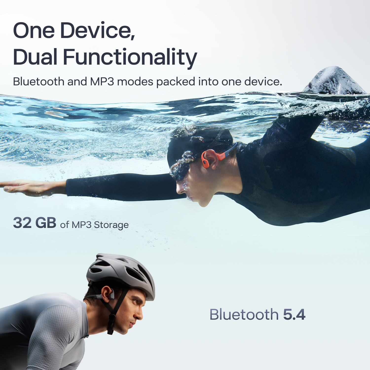 Úszó és kerékpáros fejhallgatóval. 32 GB tárhely, Bluetooth 5.4.