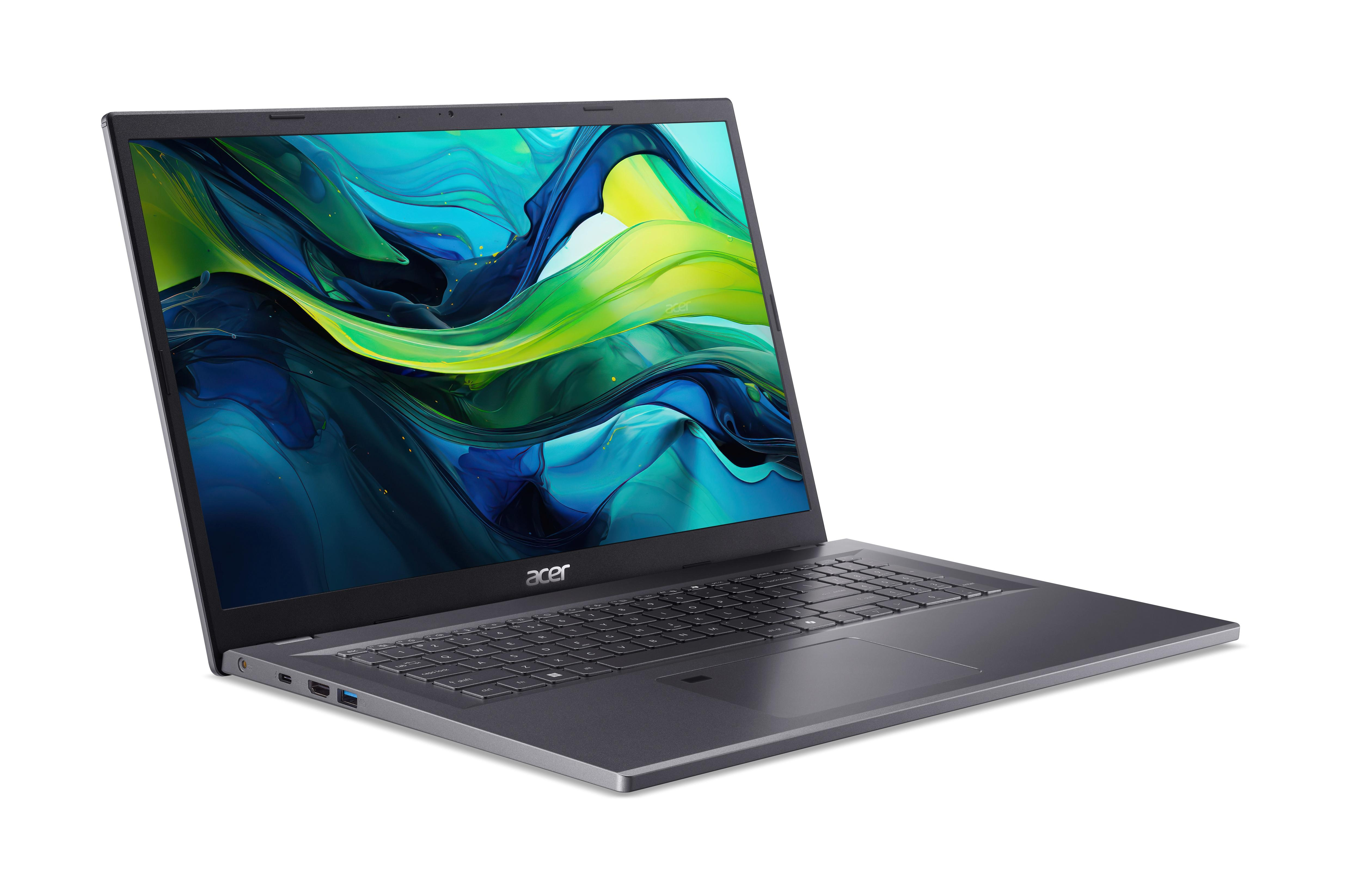 Grauer Acer Laptop mit abstraktem, farbigem Hintergrund auf dem Bildschirm.