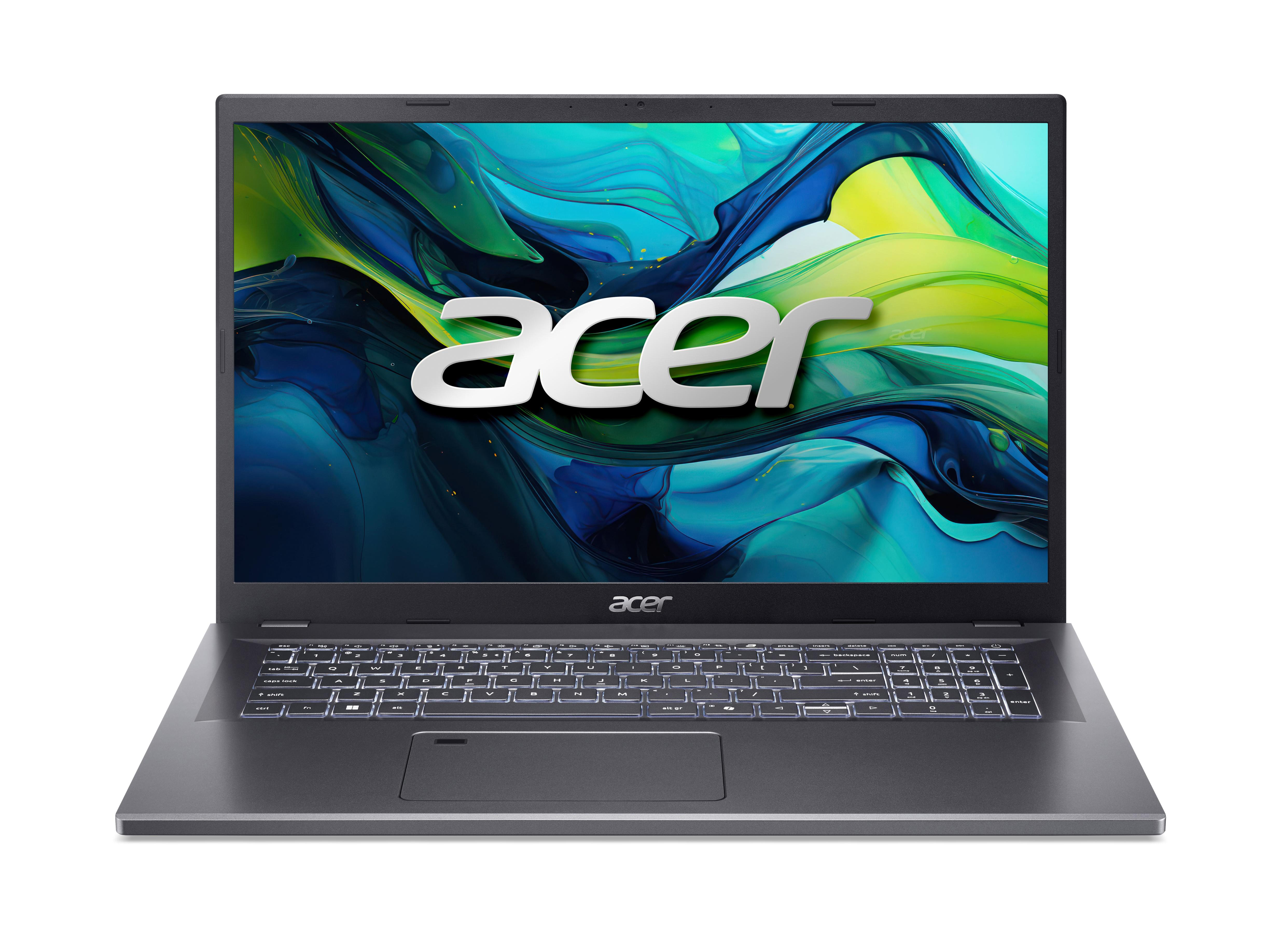 Ein geöffneter grauer Acer Laptop mit beleuchteter Tastatur und abstraktem Hintergrund.
