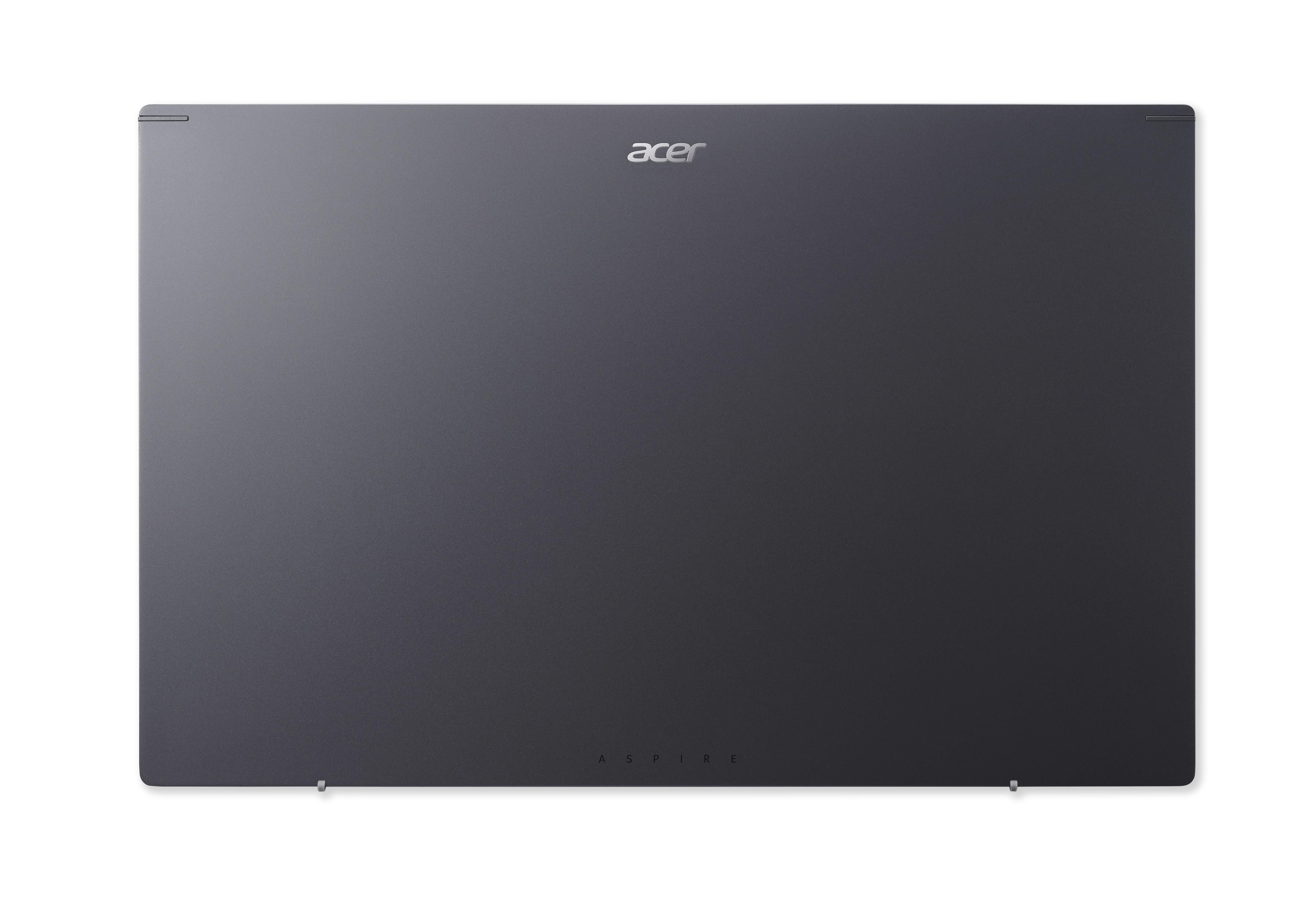 Rückseite eines dunklen Acer Laptops mit silbernem Logo und Schriftzug.