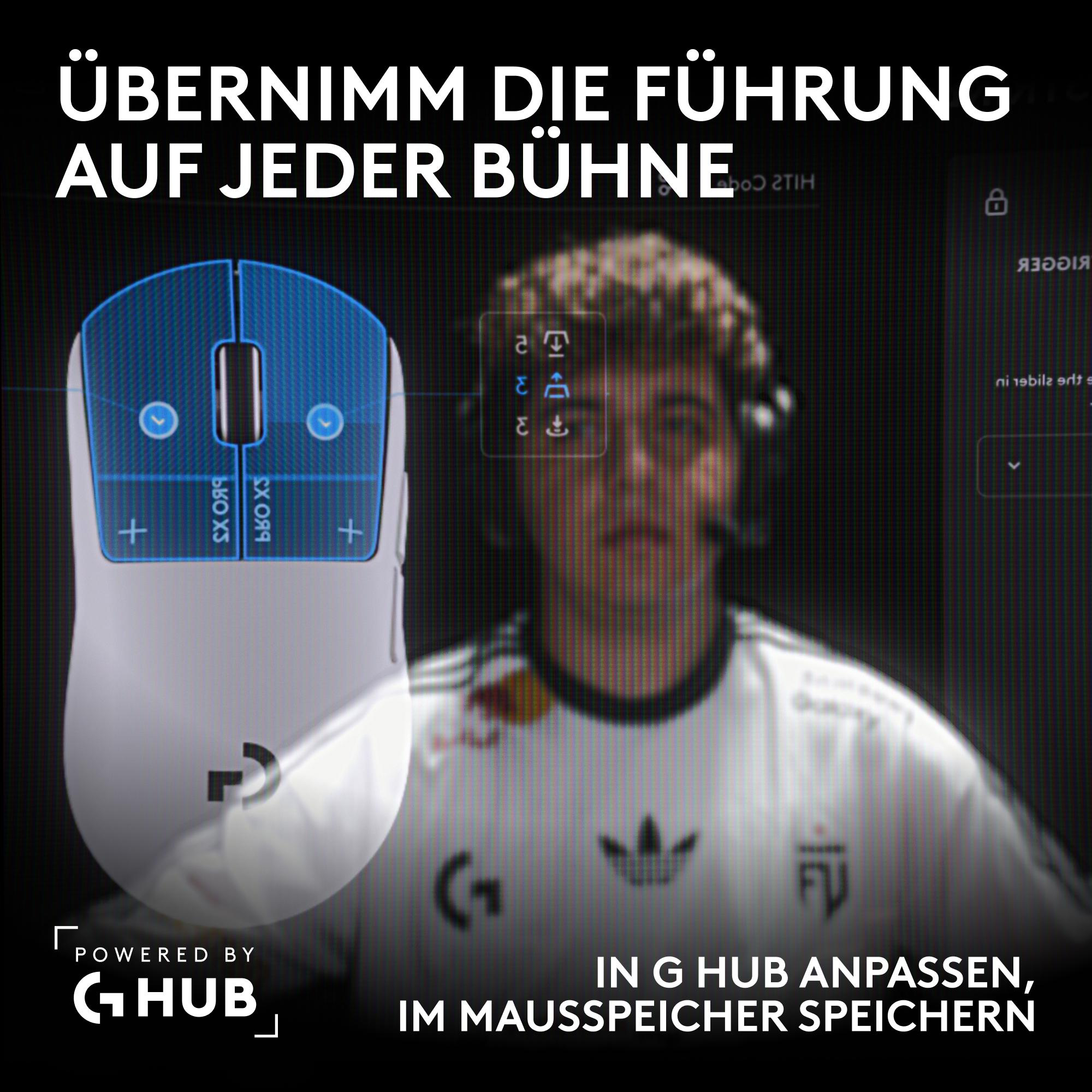 Ein weißer Gaming-Maus-Prototyp mit blauen Tasten und Logo.