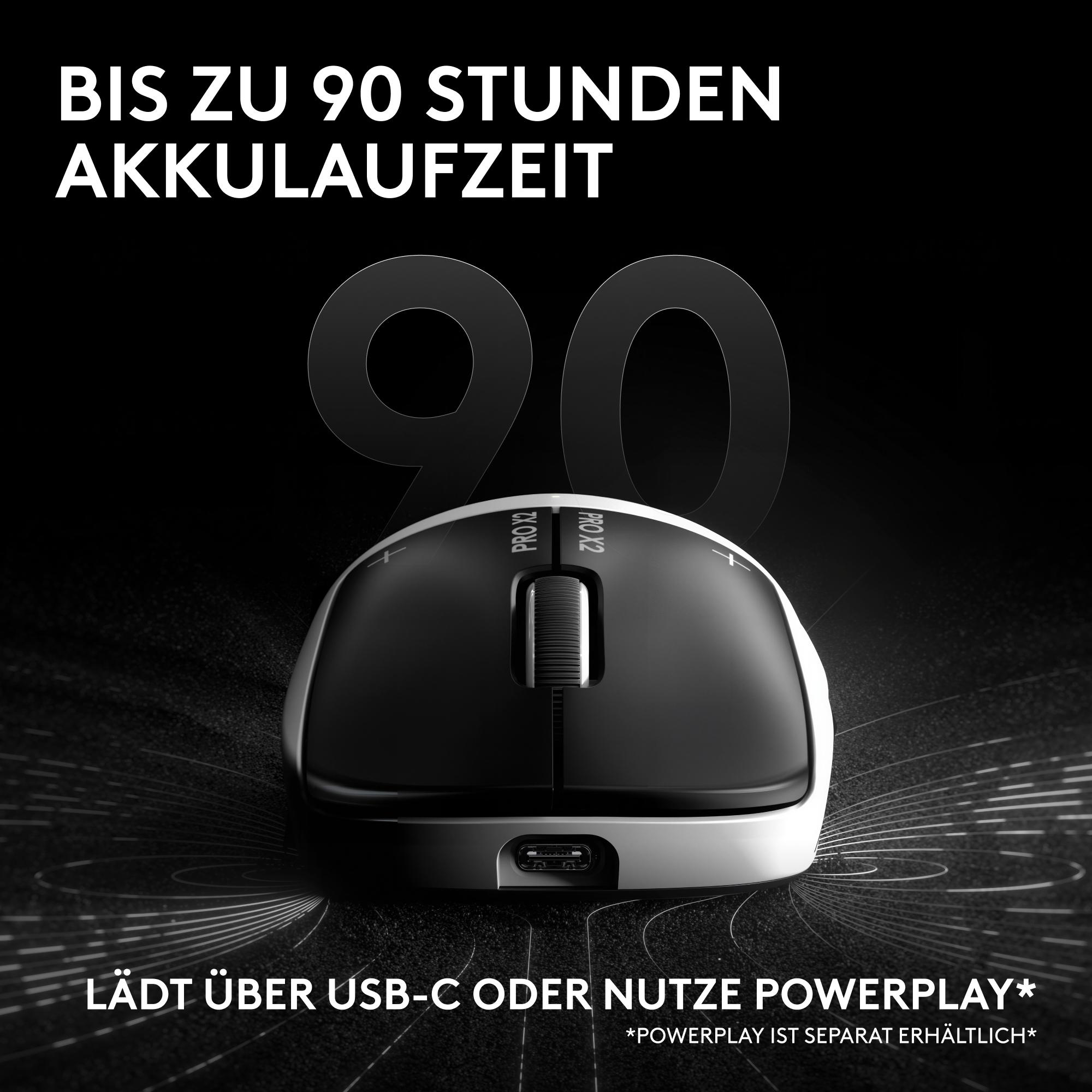Kabellose Maus mit bis zu 90 Stunden Akkulaufzeit, lädt per USB-C oder Powerplay.