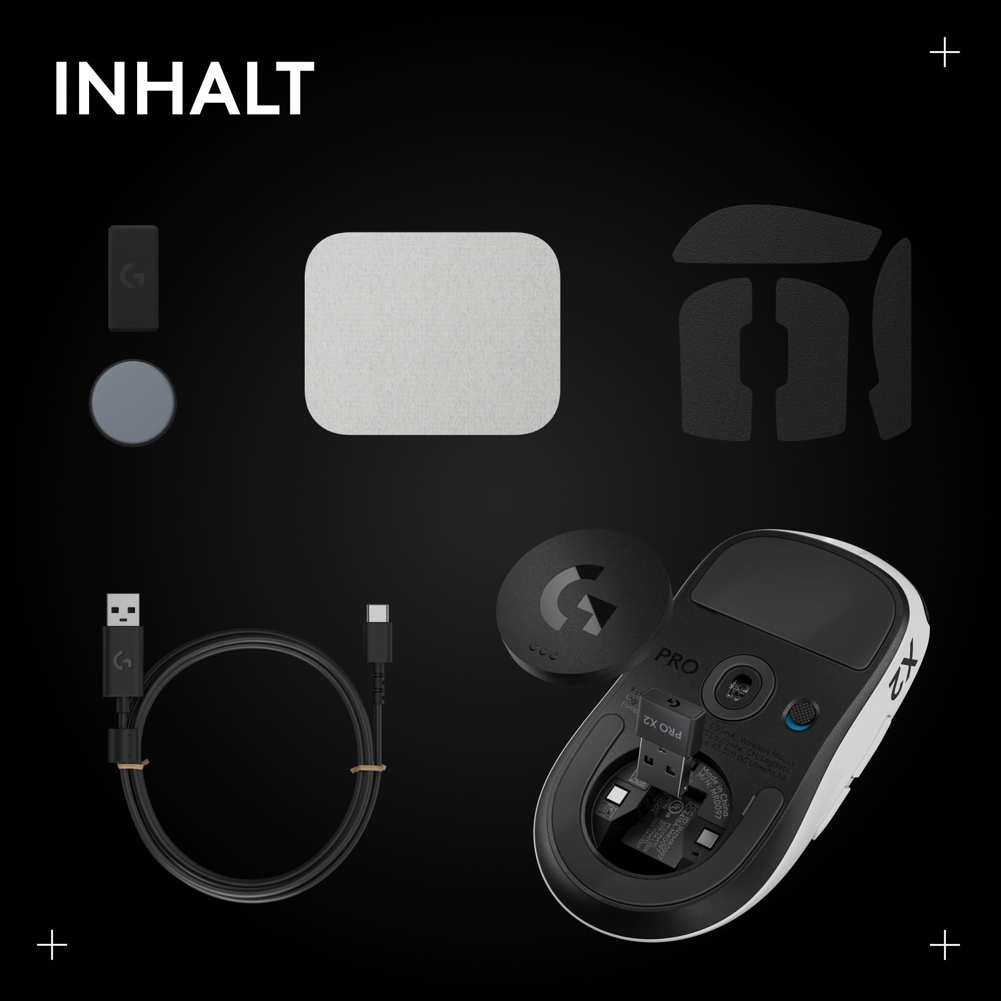 Logitech PRO X2 Maus, USB-C Kabel, Dongle und Aufkleber auf schwarzem Hintergrund.