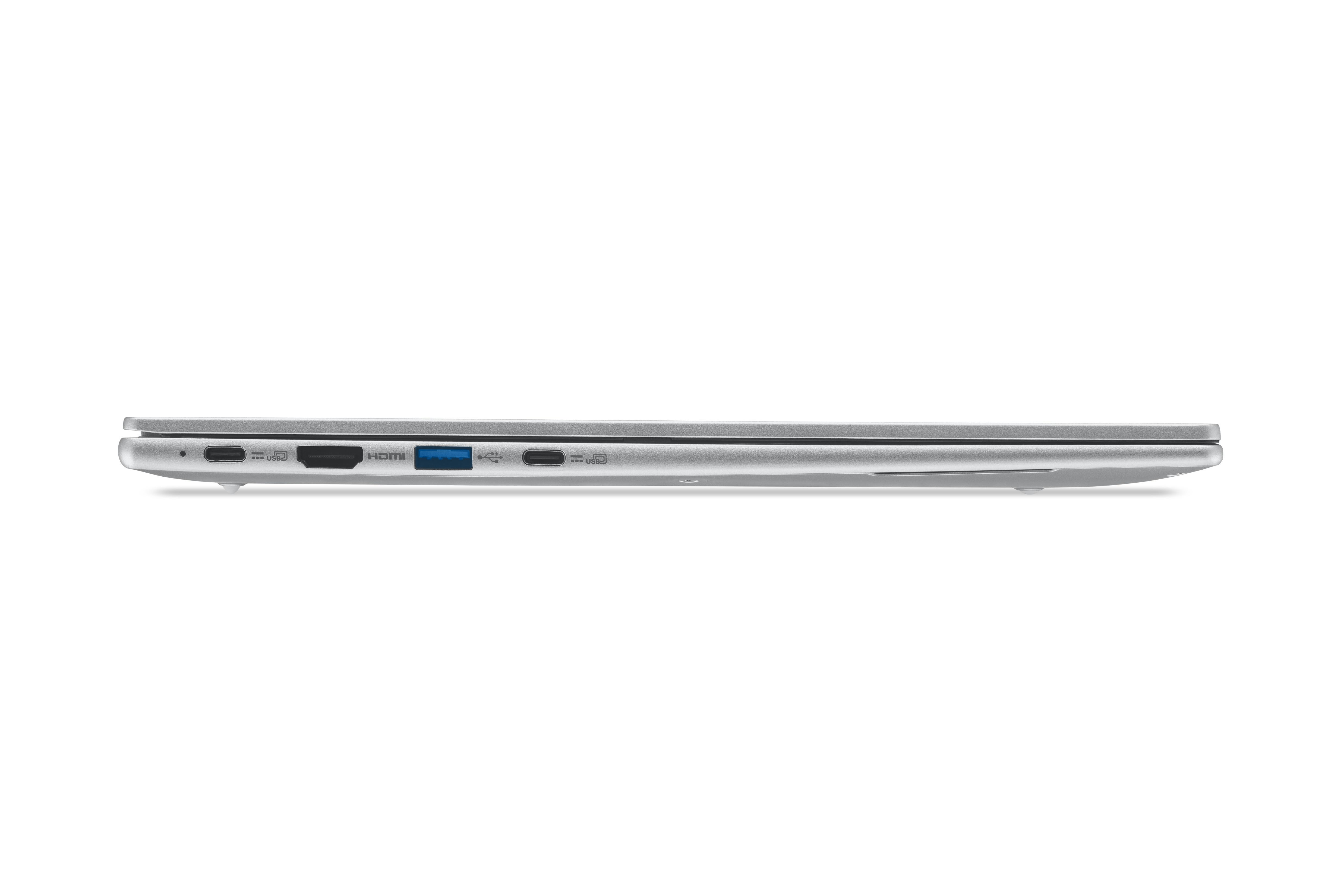 Silberner Laptop mit USB-C, HDMI und USB-A Anschlüssen.