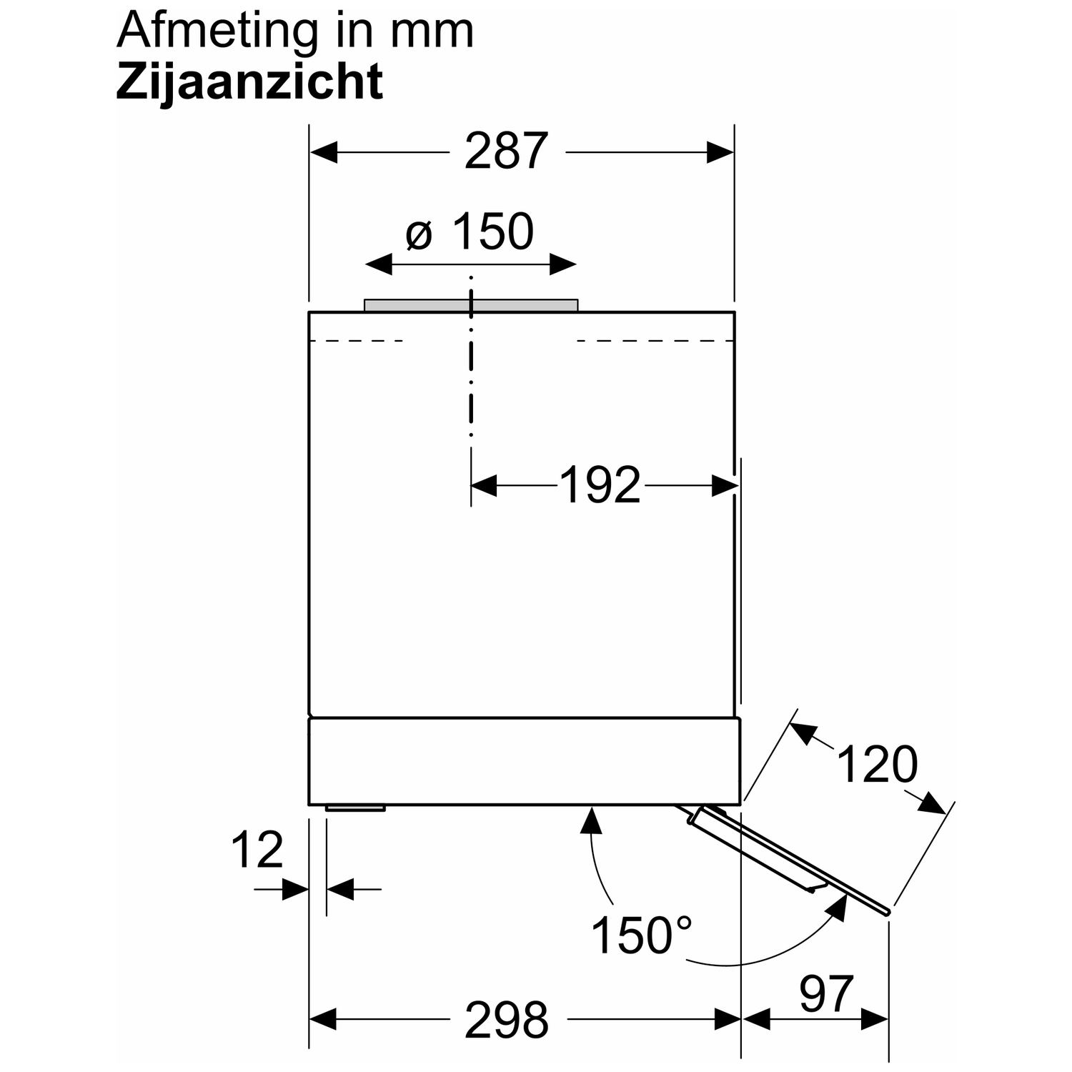 Technical drawing with dimensions of a machine, side view.