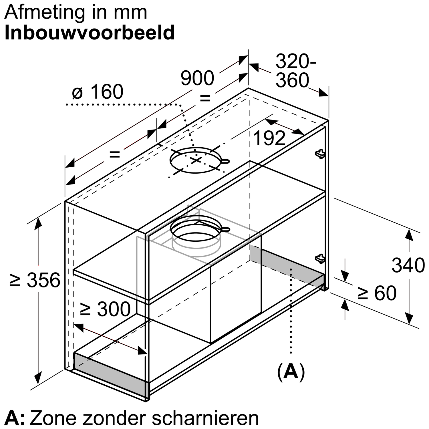 Technical drawing of a built-in appliance with dimensions in mm and Ø 160.