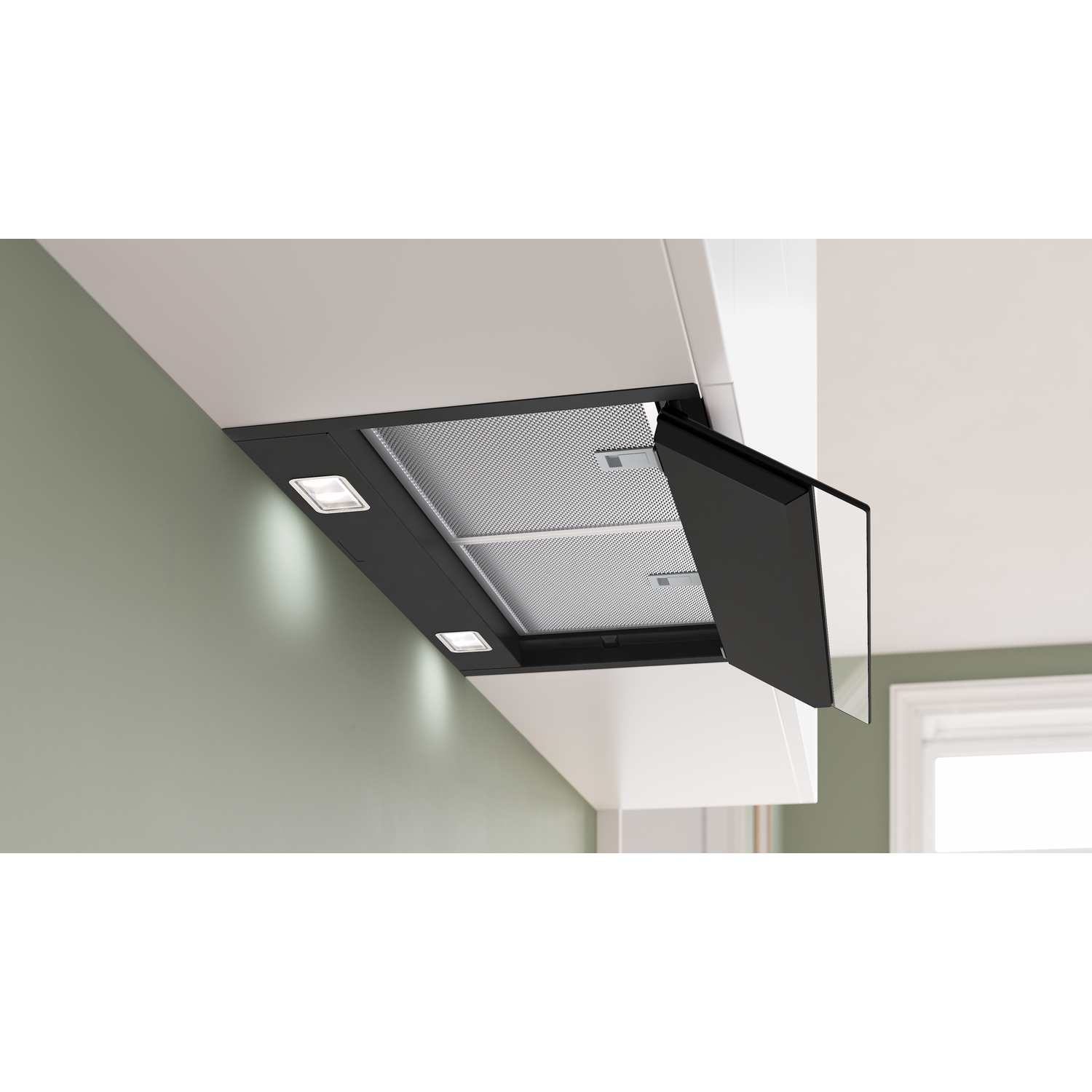 Black range hood with glass door open, showing metal filter and lights.