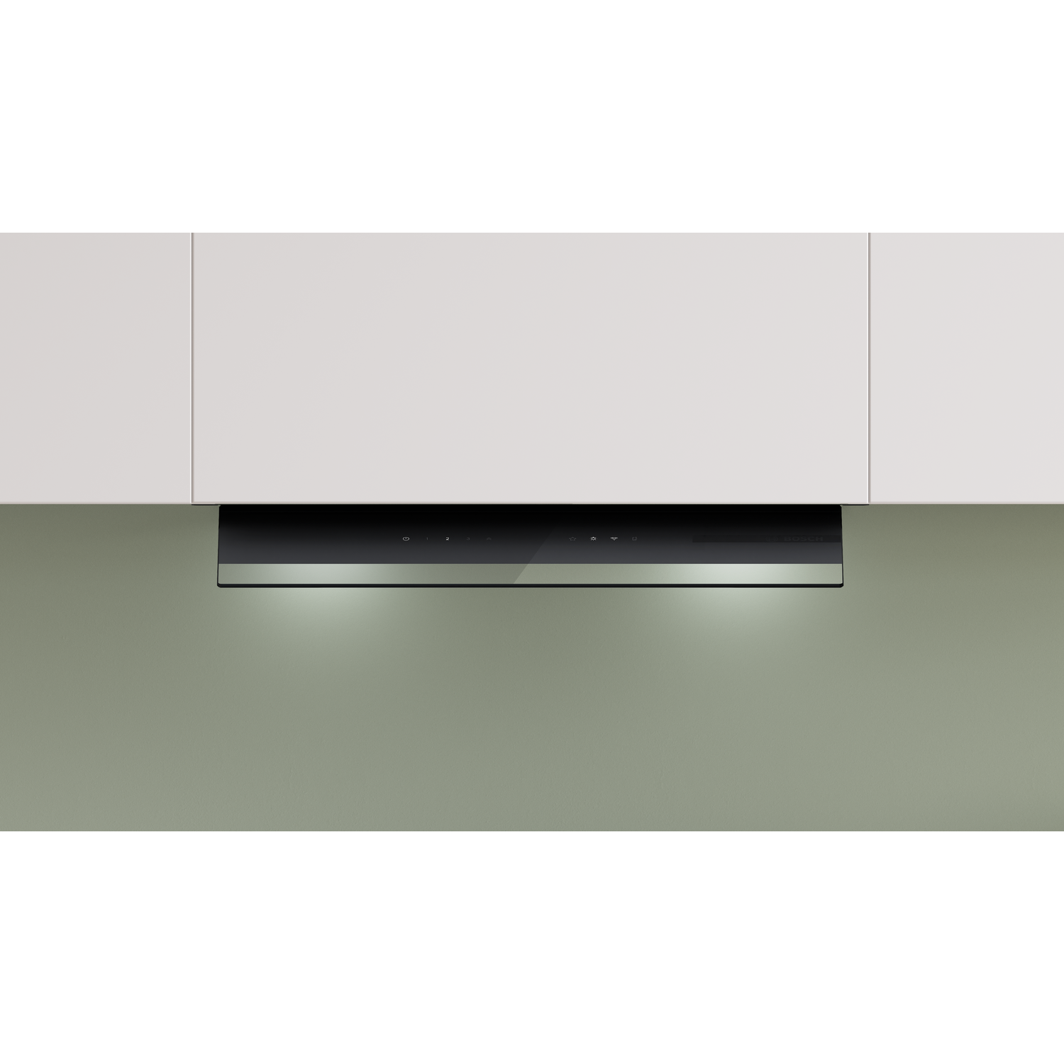 A black glass and metal range hood hangs beneath white kitchen cabinets.