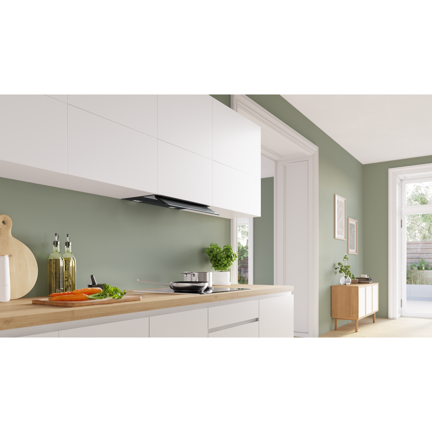 Modern kitchen with white cabinets, hood, stovetop, and wooden countertop.