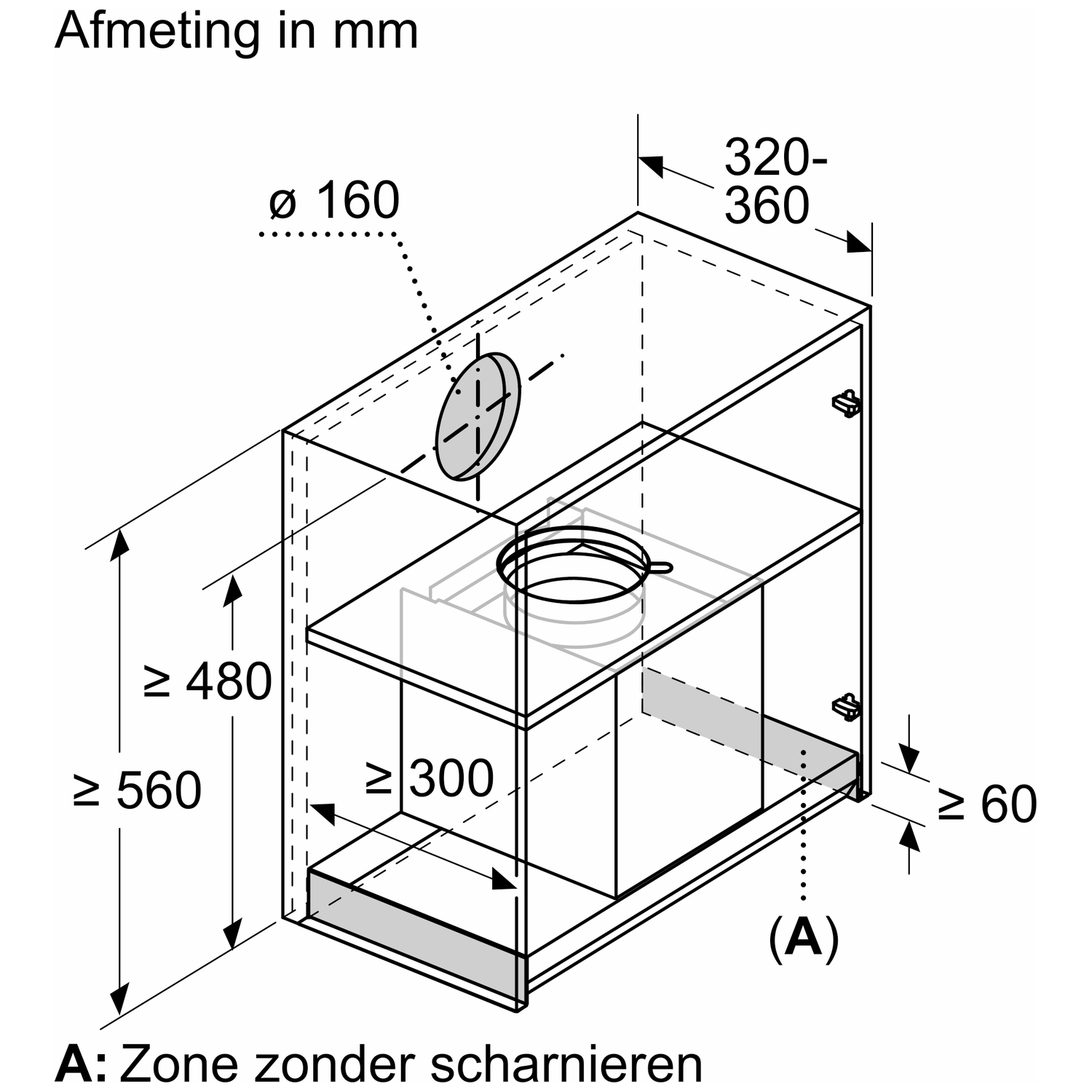 Technical drawing with dimensions for a kitchen element. Ø 160 mm.